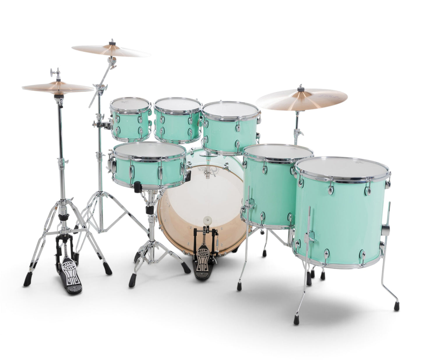Gretsch Catalina Maple 22" 7-piece drum kit in Seafoam Green – drummer's-side view