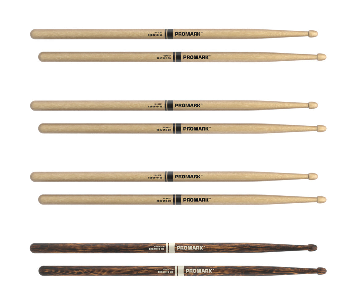 ProMark Rebound 5B Hickory Drumstick, Acorn Wood Tip, FireGrain 4-Pack