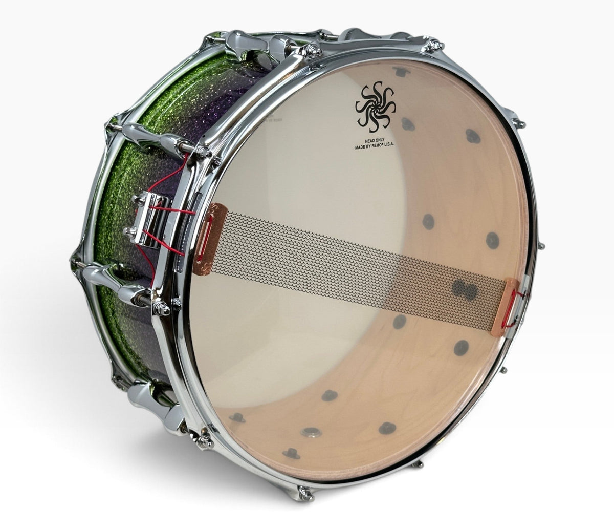Sakae Evolved 14" x 6.5" Snare Drum in Grapes Green to Purple Sparkle – resonant head and snare wires