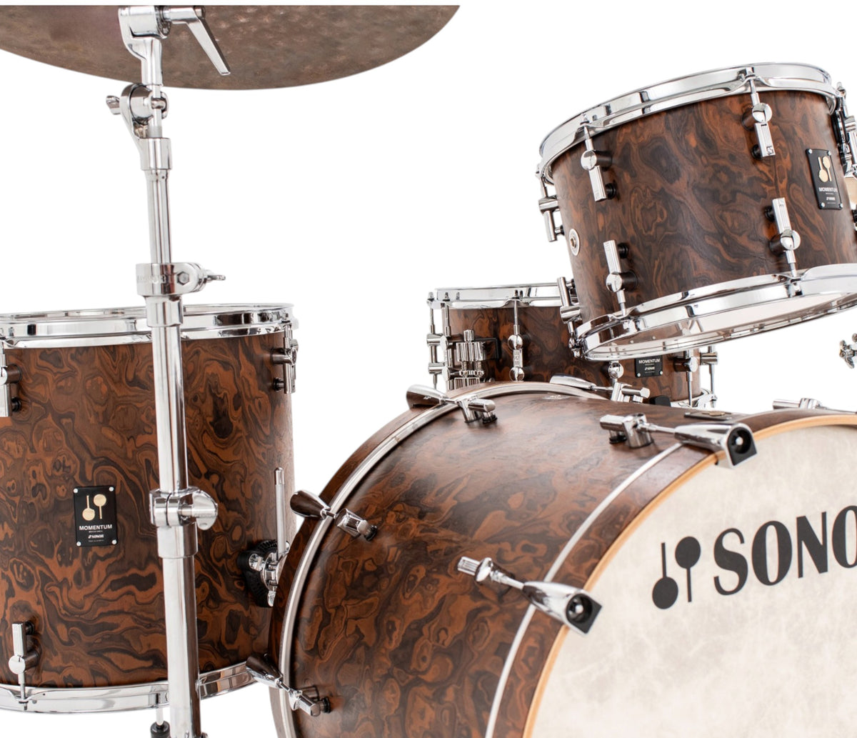 Sonor Momentum 22" 3-Piece Shell Pack in California Burl – rack tom and bass drum detail