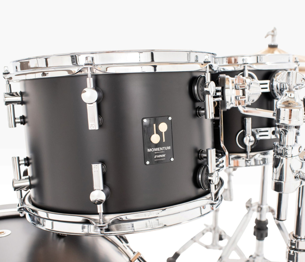 Sonor Momentum 22" 3-Piece Shell Pack in GT Black – rack tom with chrome hoops and mounting hardware