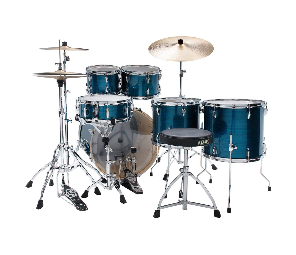 TAMA Imperialstar 22" 6-Piece Drum Kit in Hairline Blue, rear view showing the snare, floor toms and hardware