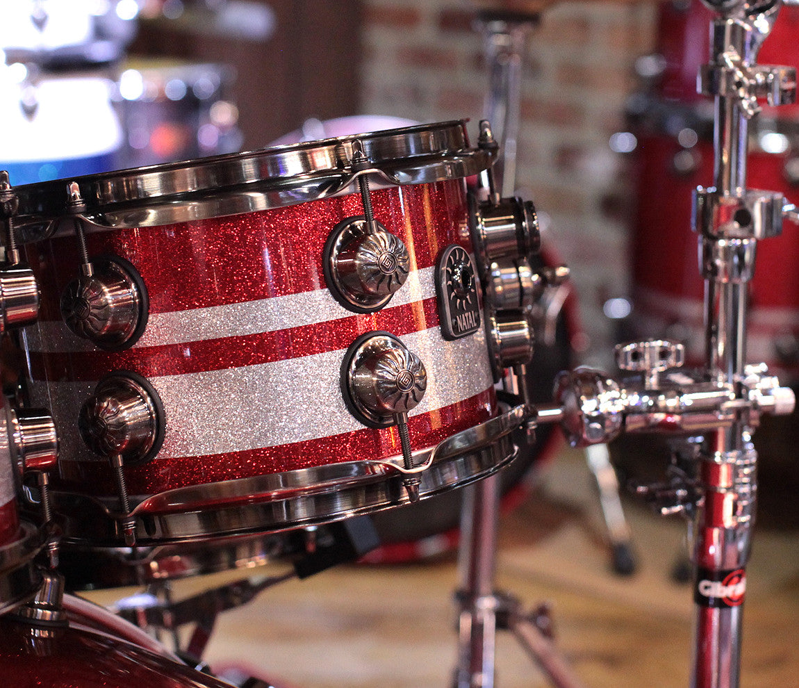 Natal "The Originals" 4-piece Birch Fusion Shell Pack in Red Sparkle/ Silver Sparkle Split Lacquer Rack Tom Detail