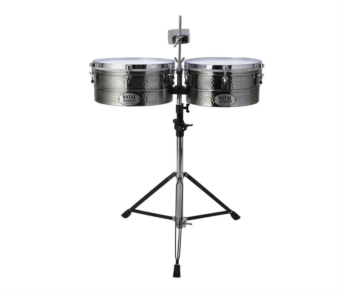 Natal Black Nickel Timbales 13" + 14" with Stand, Natal, Timbales, Black Nickel, 13" + 14", Natal Drums