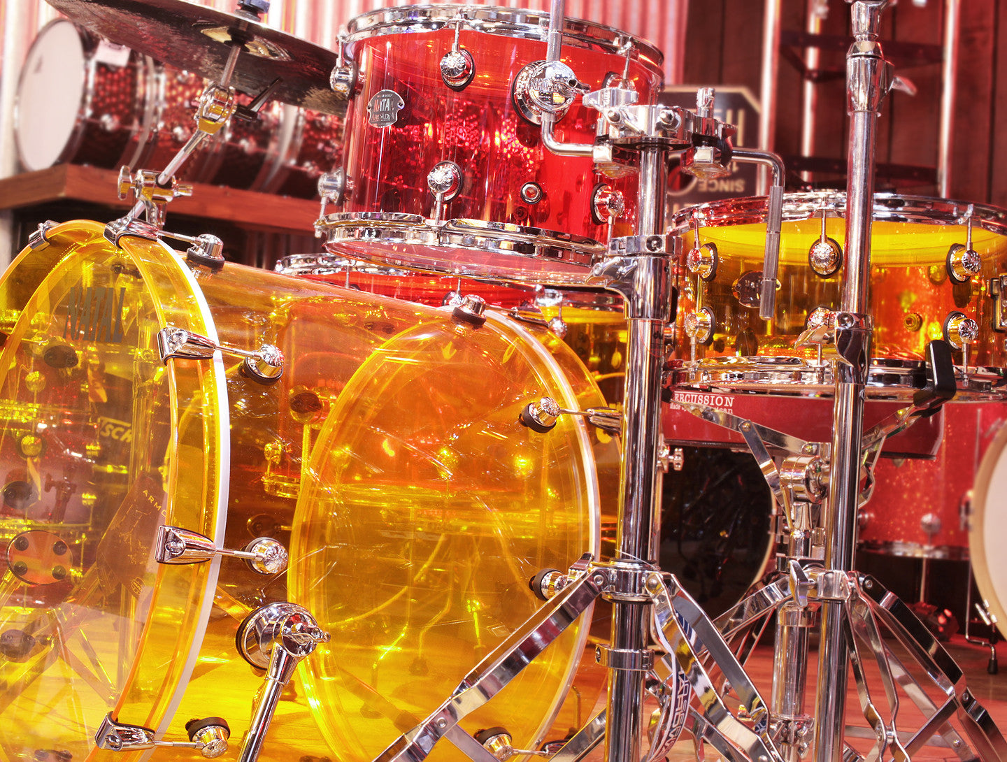Natal Arcadia Transparent Orange and Red Acrylic Drum Kit