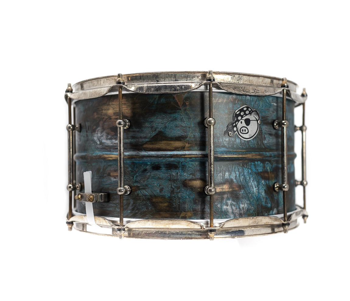 Pork Pie, Snare Drum, 14" x 8" Snare Drum, Pork Pie USA Custom, Aged Patina Brass Finish, Pork Pie Drum Badge
