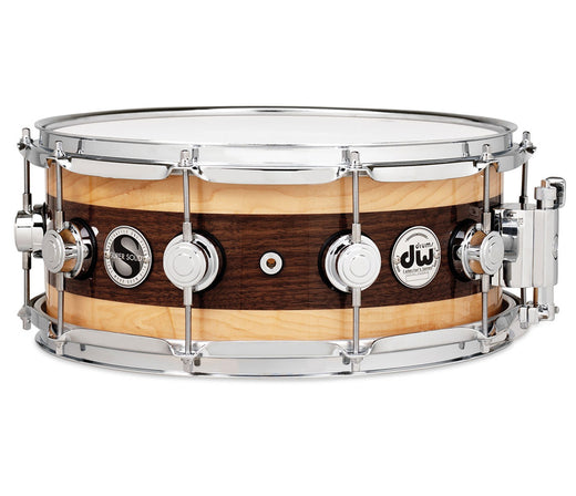 DW Super Solid Edge Collector's Series Snare Drum- Natural Lacquer Over Walnut With Maple Rings.