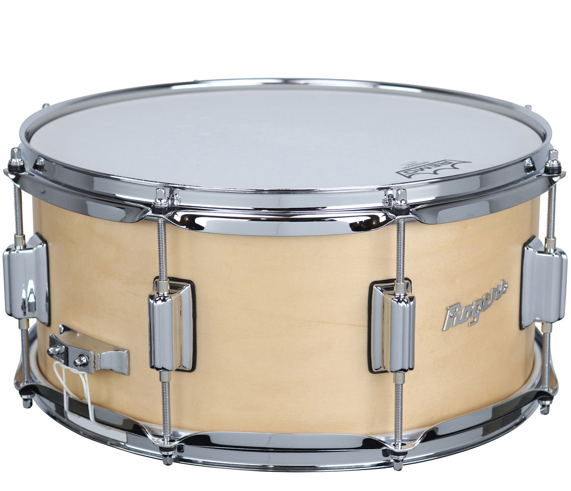 Rogers Powertone 14 x 6.5 Wood Shell Snare Drum in Satin Natural w/Beavertail Lugs