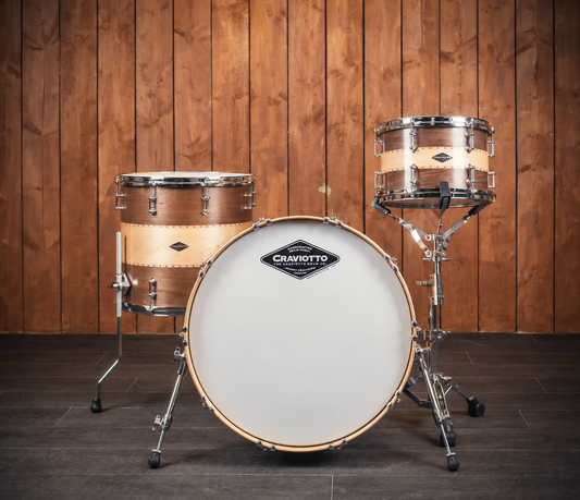 Craviotto Custom Shop walnut, maple and walnut 3-piece drum kit with a warm vintage finish and soft vignette