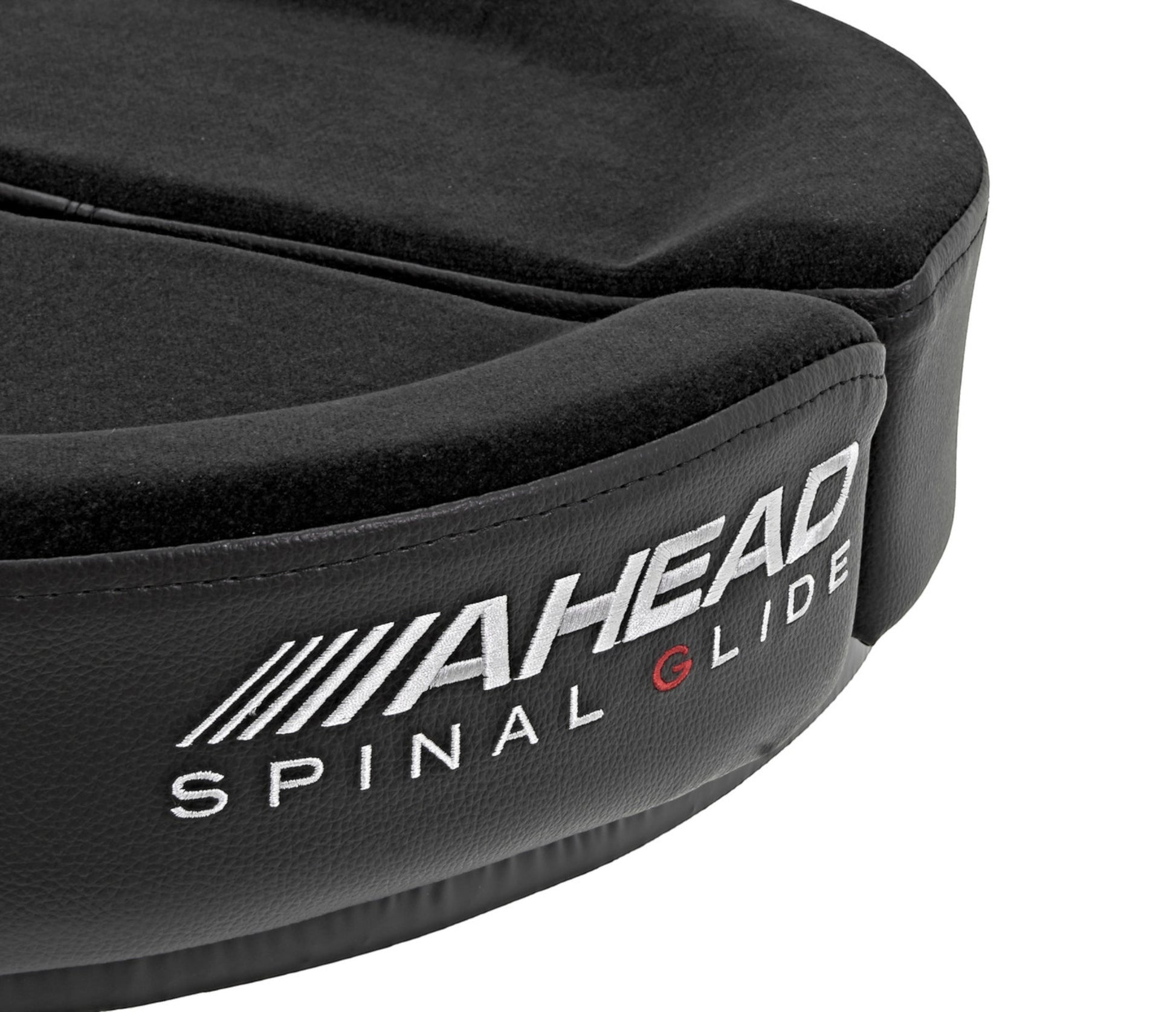 Ahead Spinal G Saddle Black Drum Throne - B Stock closeup logo and fabric