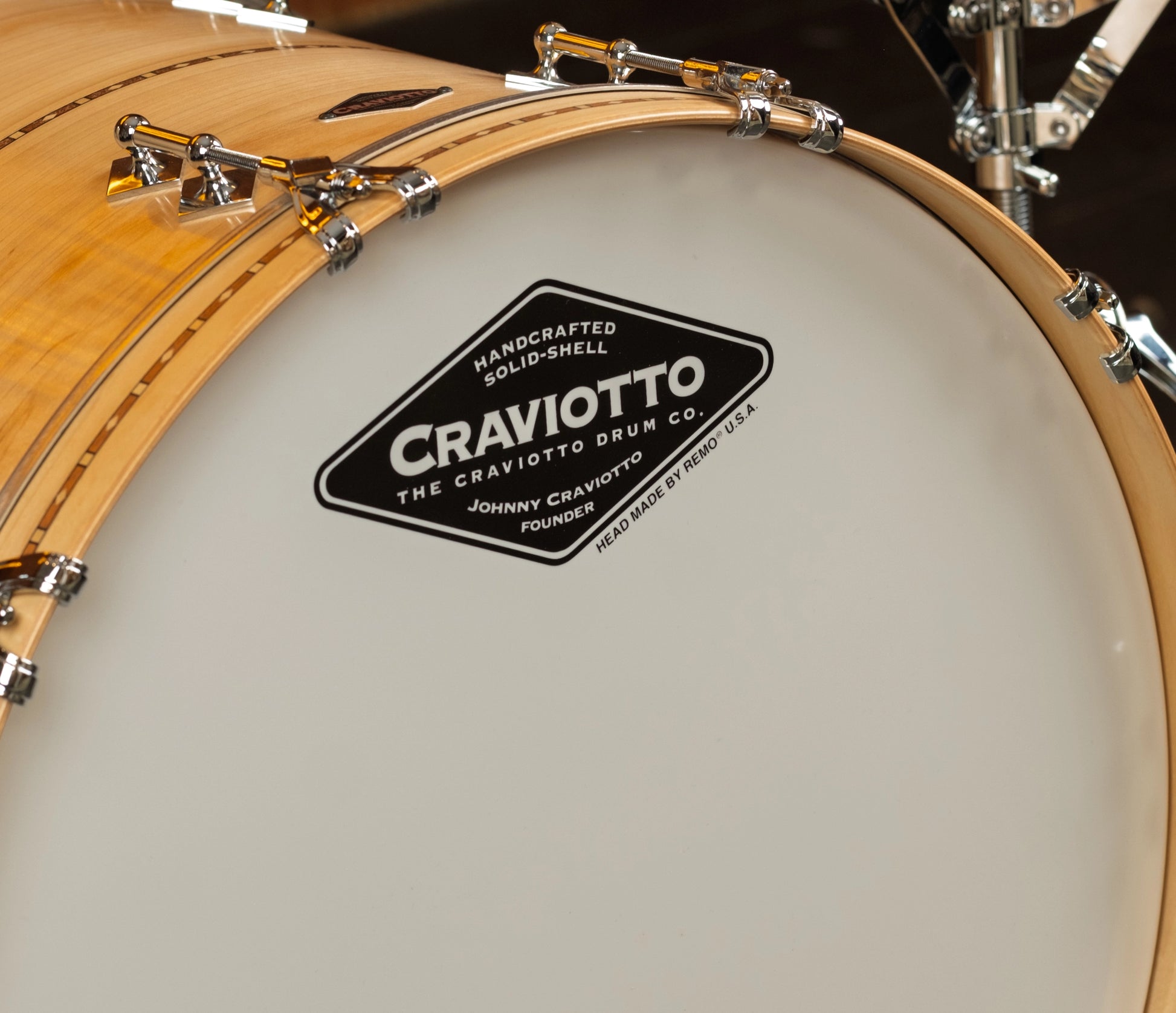 Close-up of a drum head with Craviotto logo