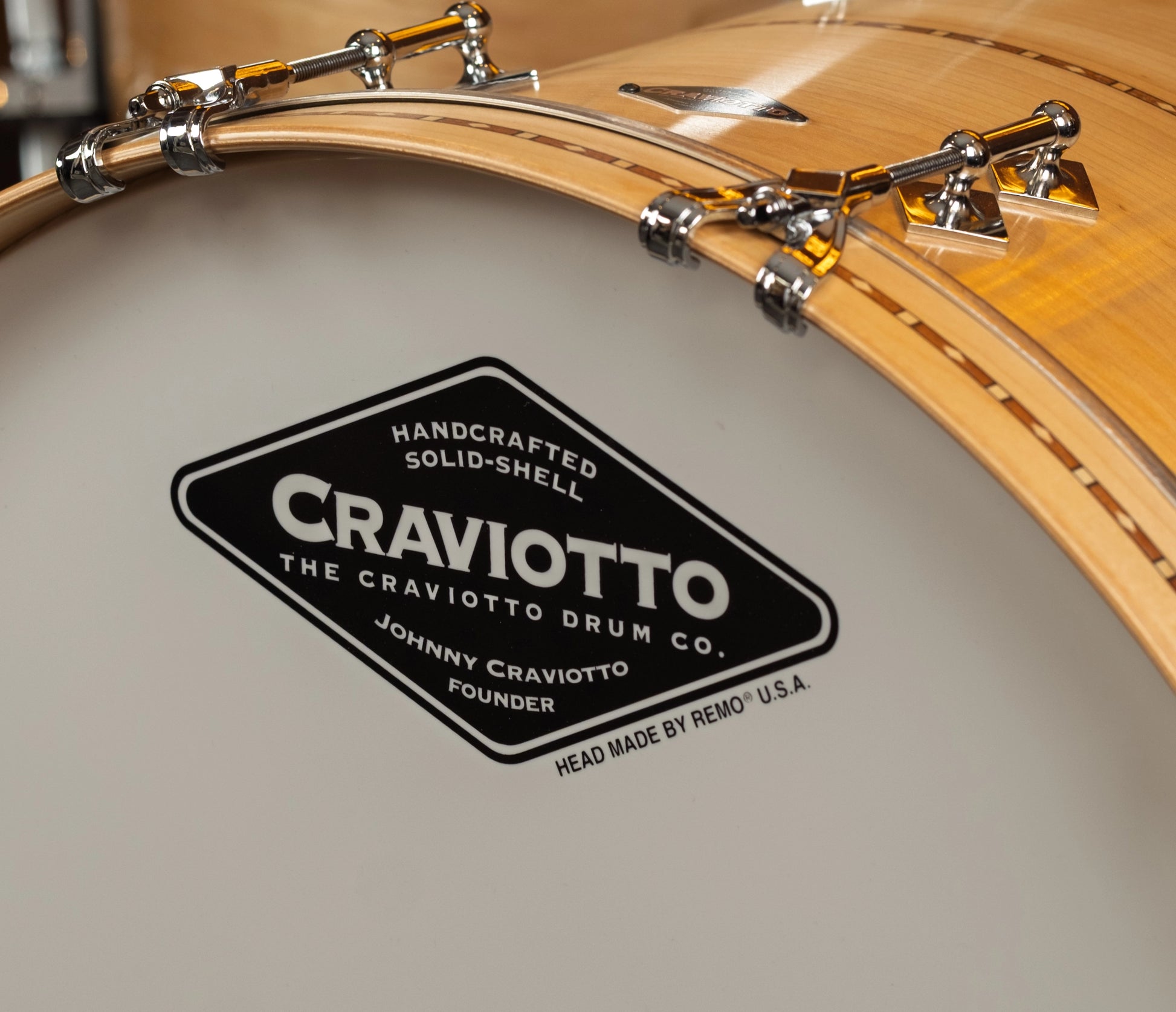 Close-up of a Craviotto bass drum head with brand logo and text.