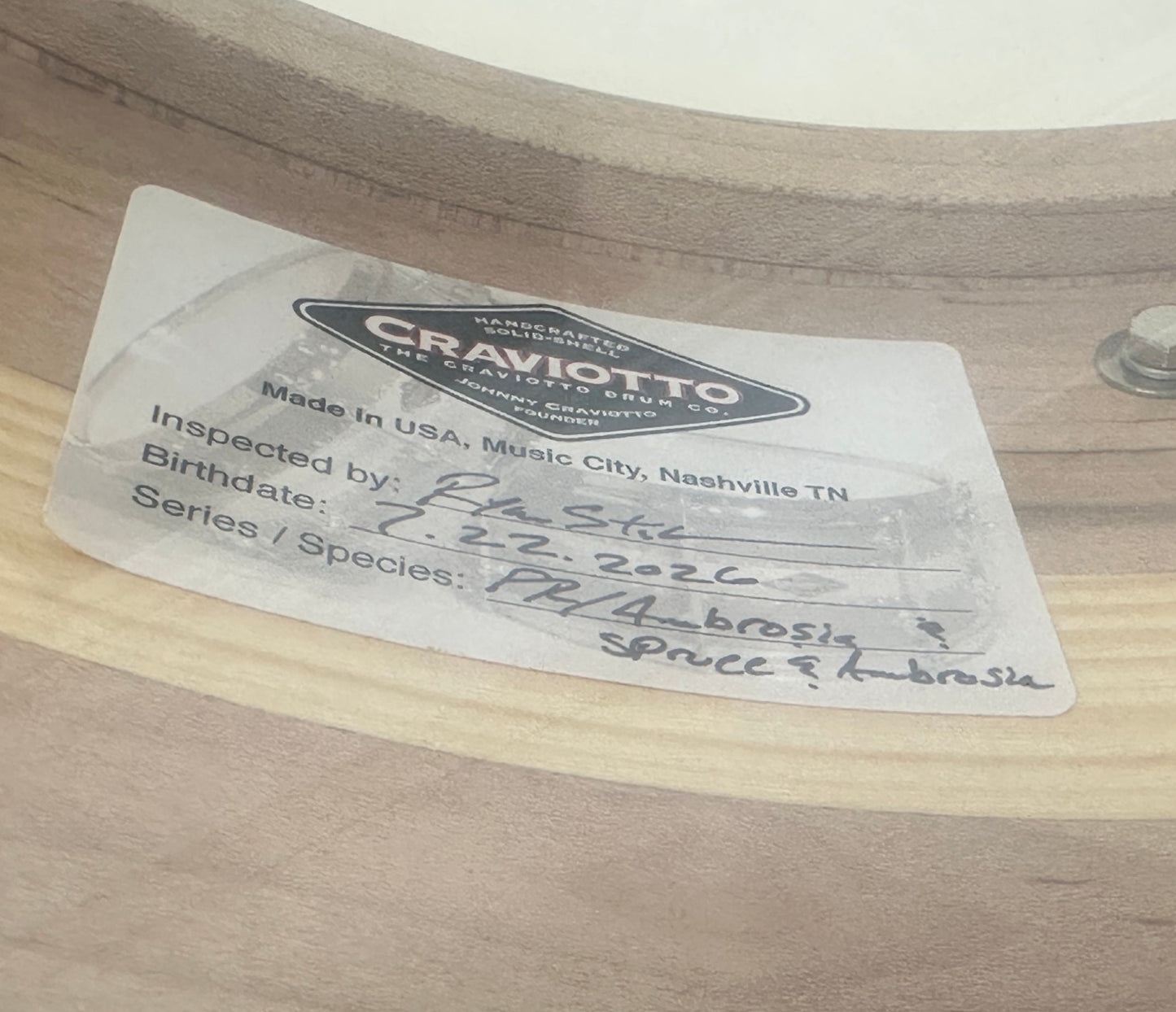 Craviotto Private Reserve 14" x 6.5" Ambrosia/Spruce/Ambrosia Snare Drum