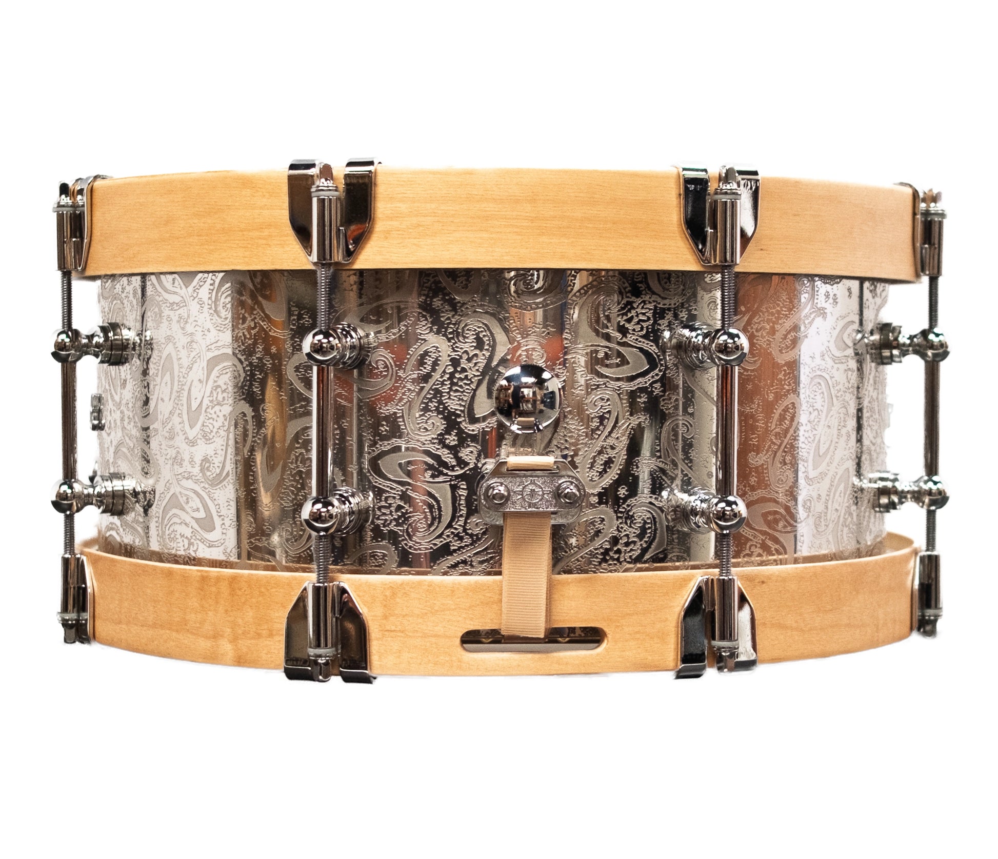 Dunnett Classic 14" x 6.5" 'JAMES TRUSSART' Snare Drum in Paisley Silver with Wood Hoops