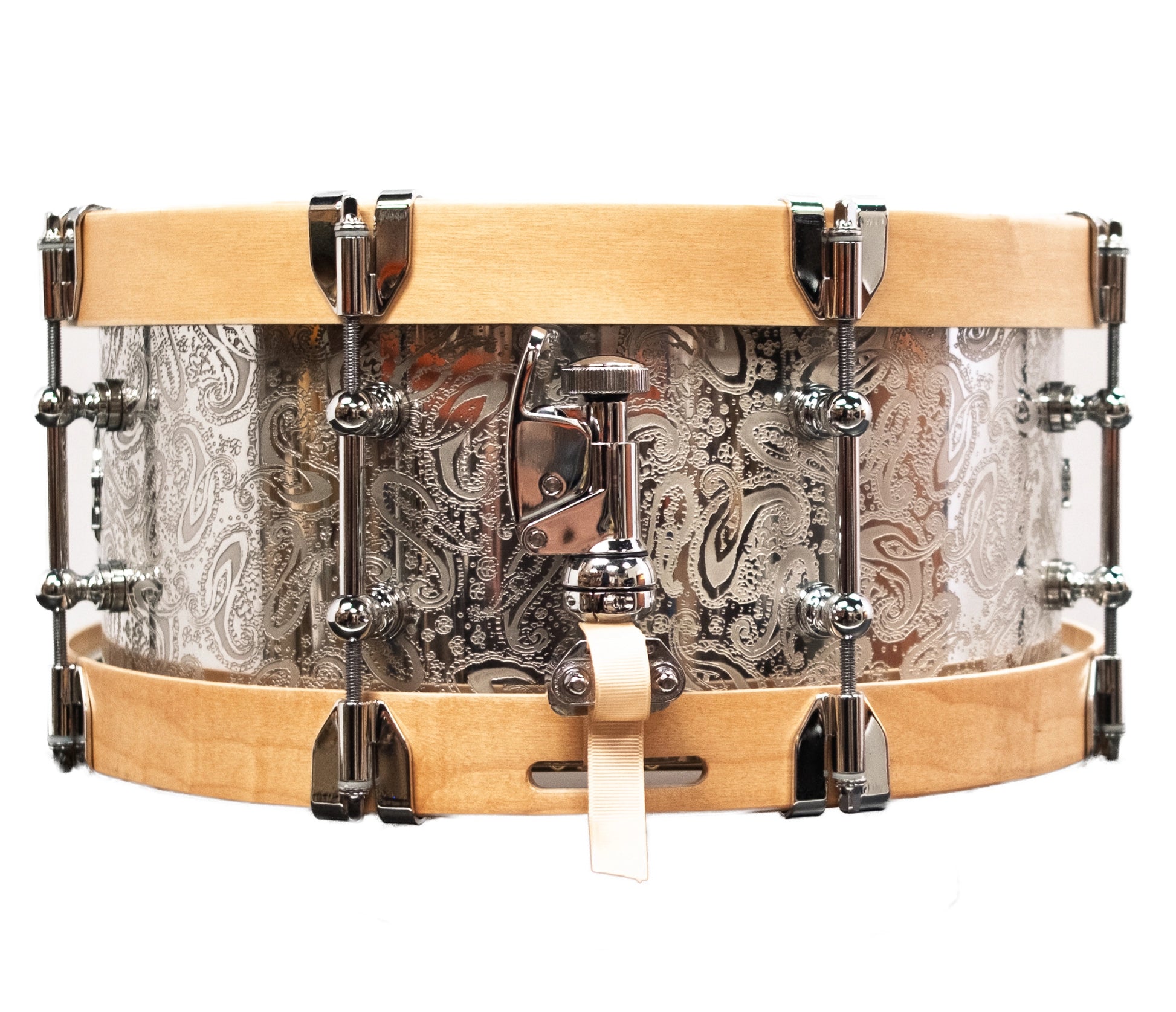 Dunnett Classic 14" x 6.5" 'JAMES TRUSSART' Snare Drum in Paisley Silver with Wood Hoops