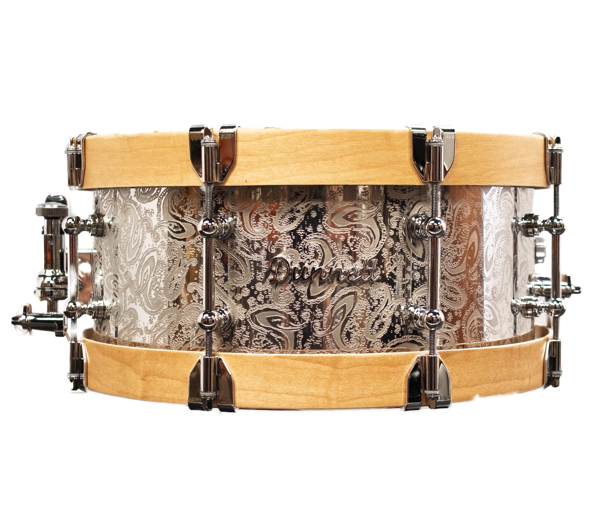 Dunnett Classic 14" x 6.5" 'JAMES TRUSSART' Snare Drum in Paisley Silver with Wood Hoops