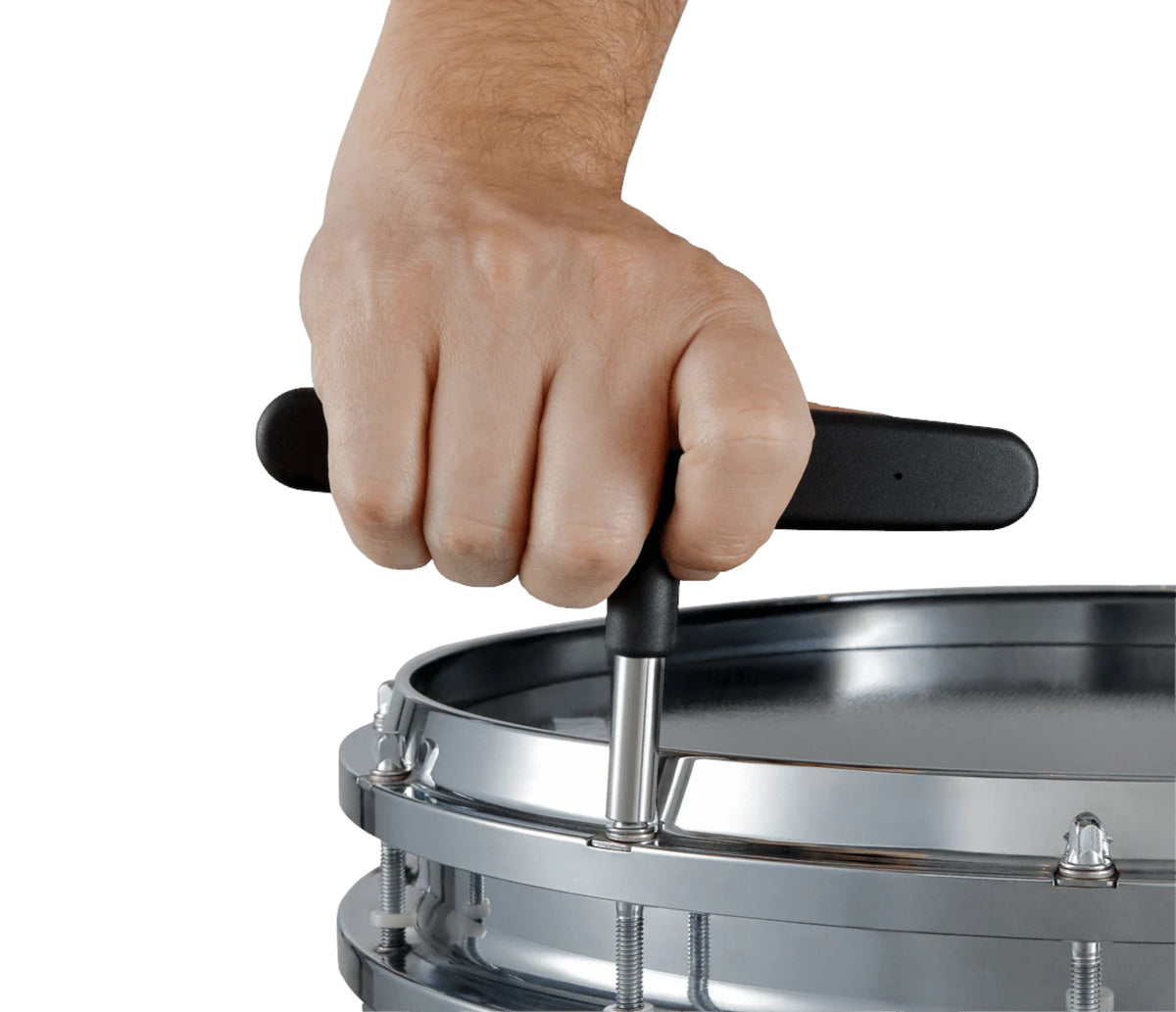Evans High Tension Drum Key being used to tune a marching drum