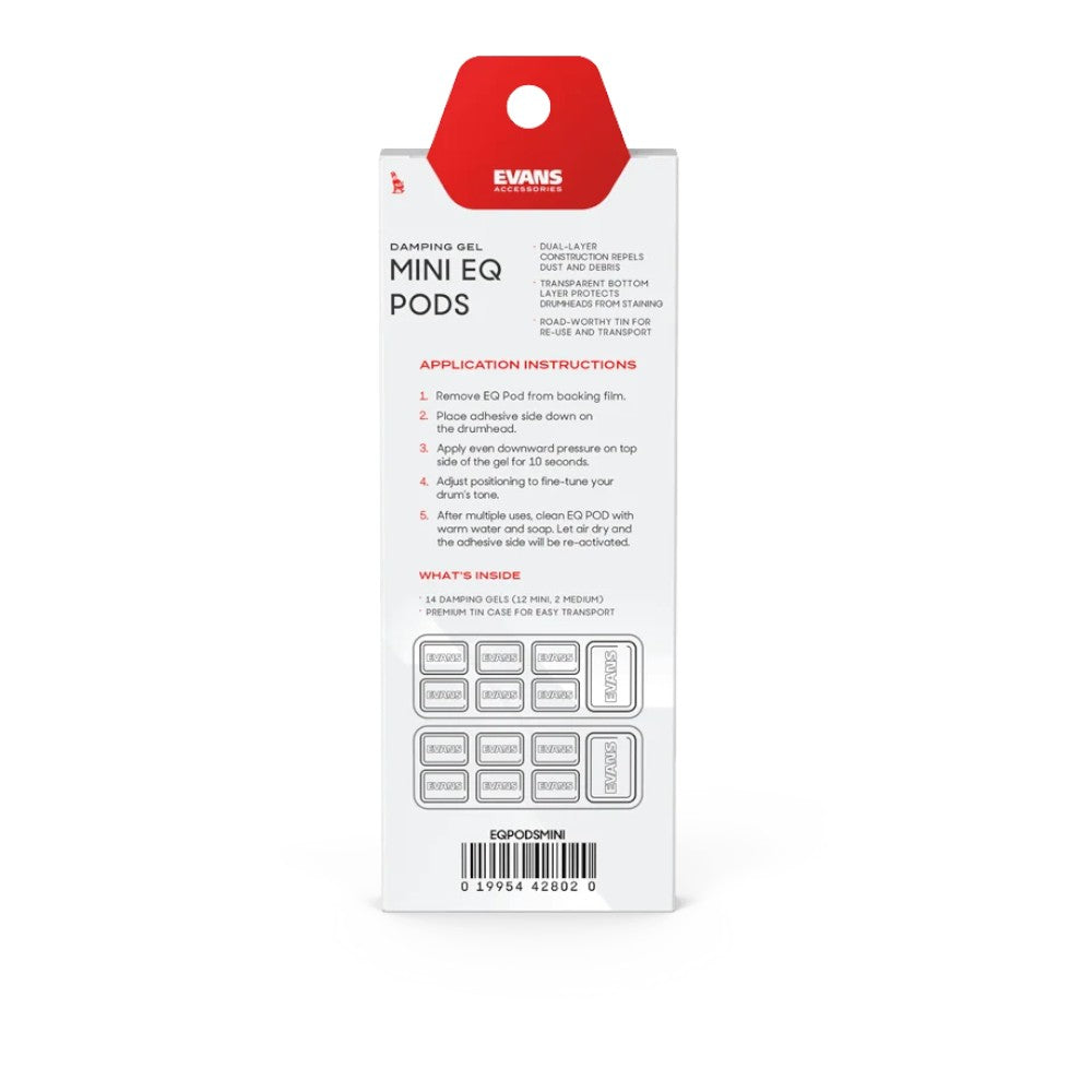 Rear of Evans Mini EQ Pods packaging showing application instructions