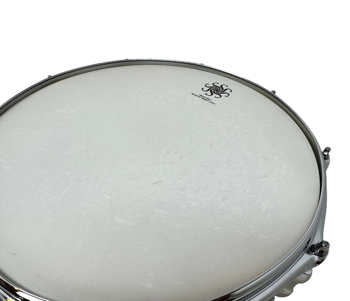Ex Demo Sakae Evolved 14" x 5.5" Snare Drum in Cheese Cake – batter head with visible stick marks