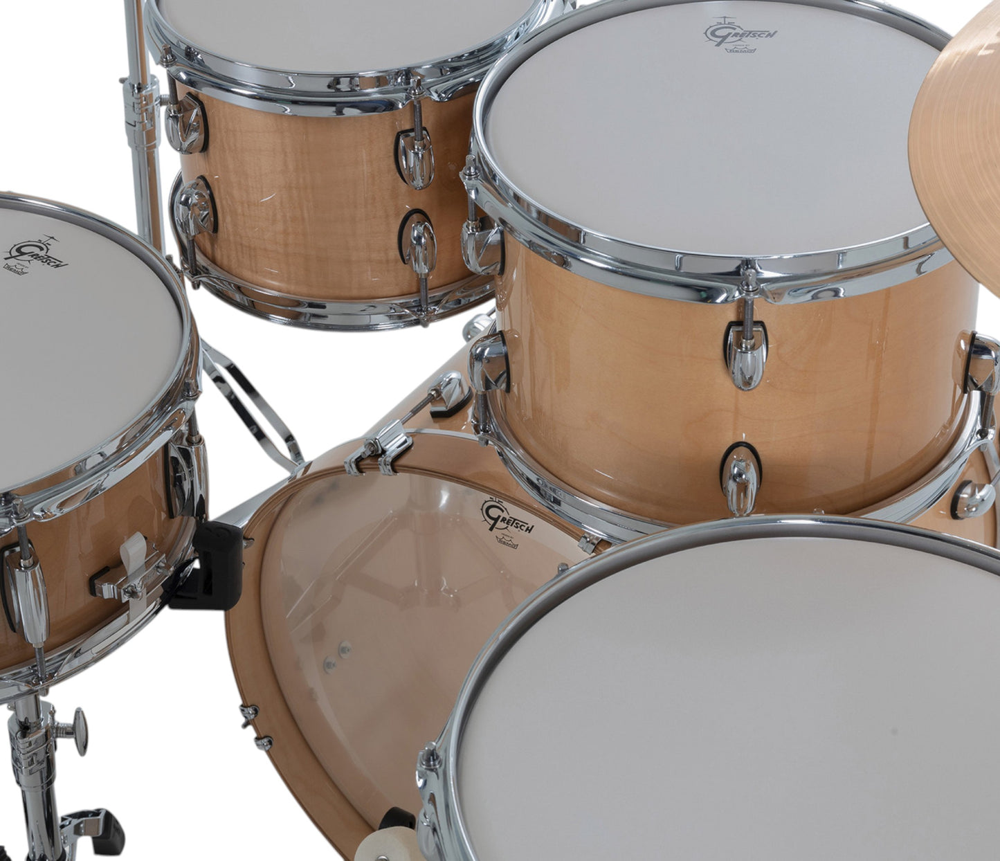 Gretsch Catalina Maple 20" 5-piece drum kit in Antique Maple – overhead drumhead and shell detail