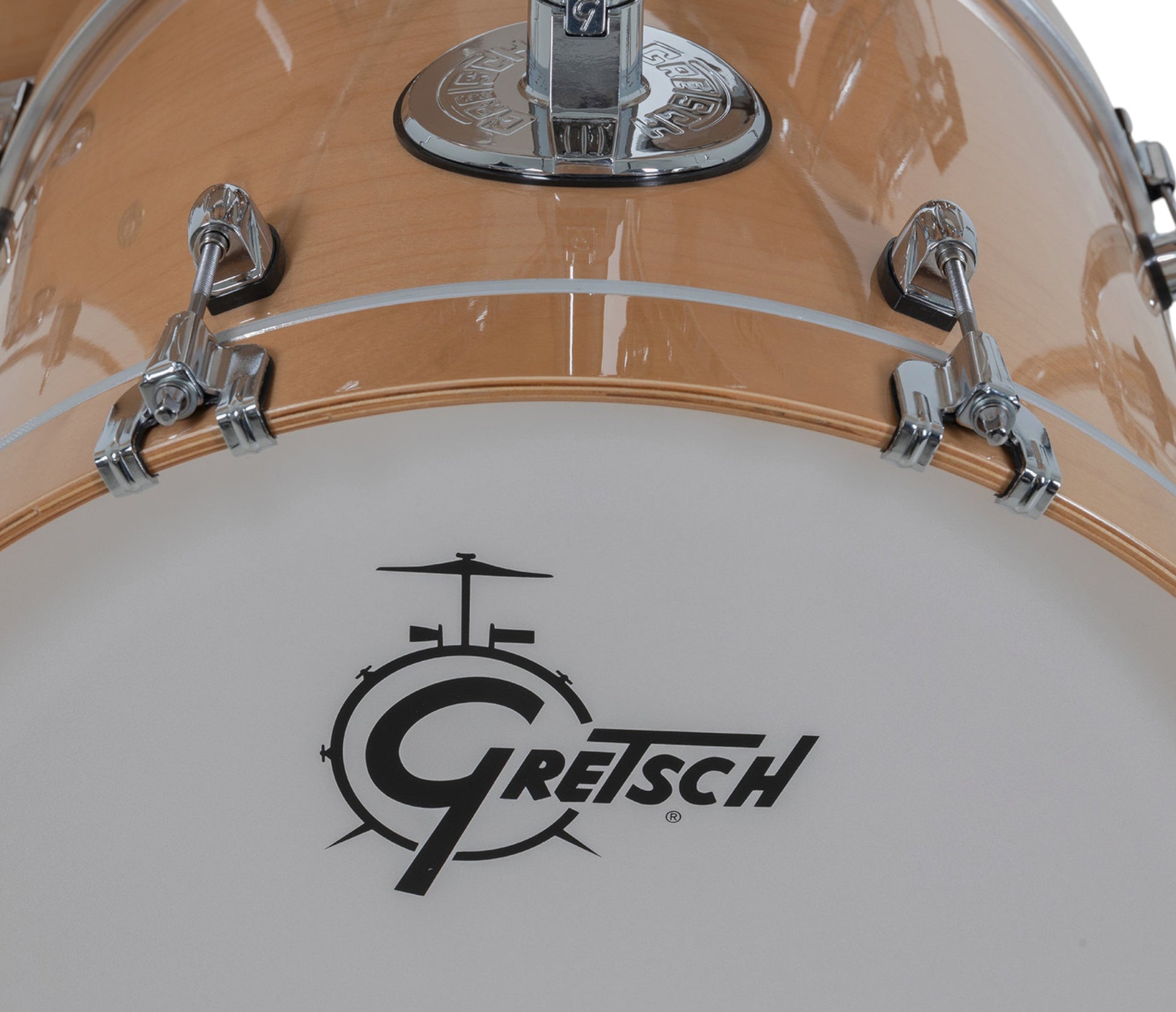Gretsch Catalina Maple 20" 5-piece drum kit in Antique Maple – matching bass drum hoop and claw detail