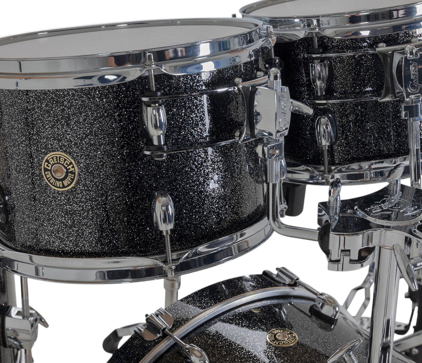 Gretsch Catalina Maple 20" 5-piece drum kit in Black Stardust – bass drum-mounted double tom holder