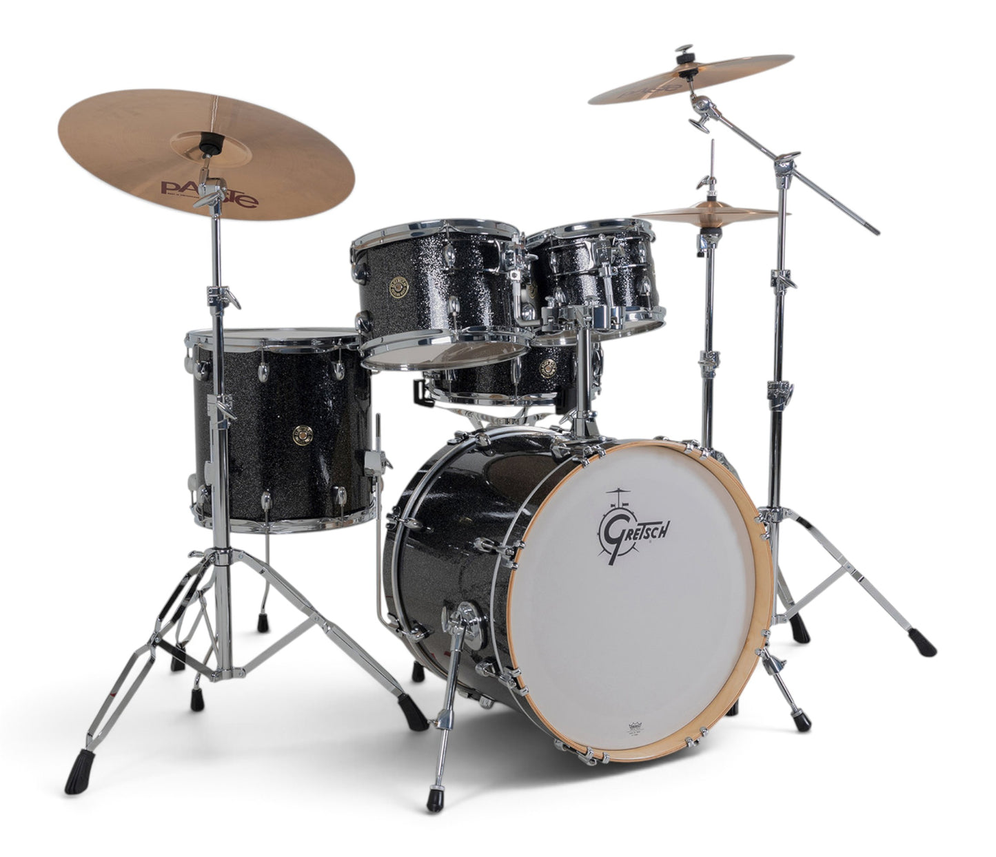 Gretsch Catalina Maple 20" 5-piece drum kit in Black Stardust – matching bass drum hoop and claw detail