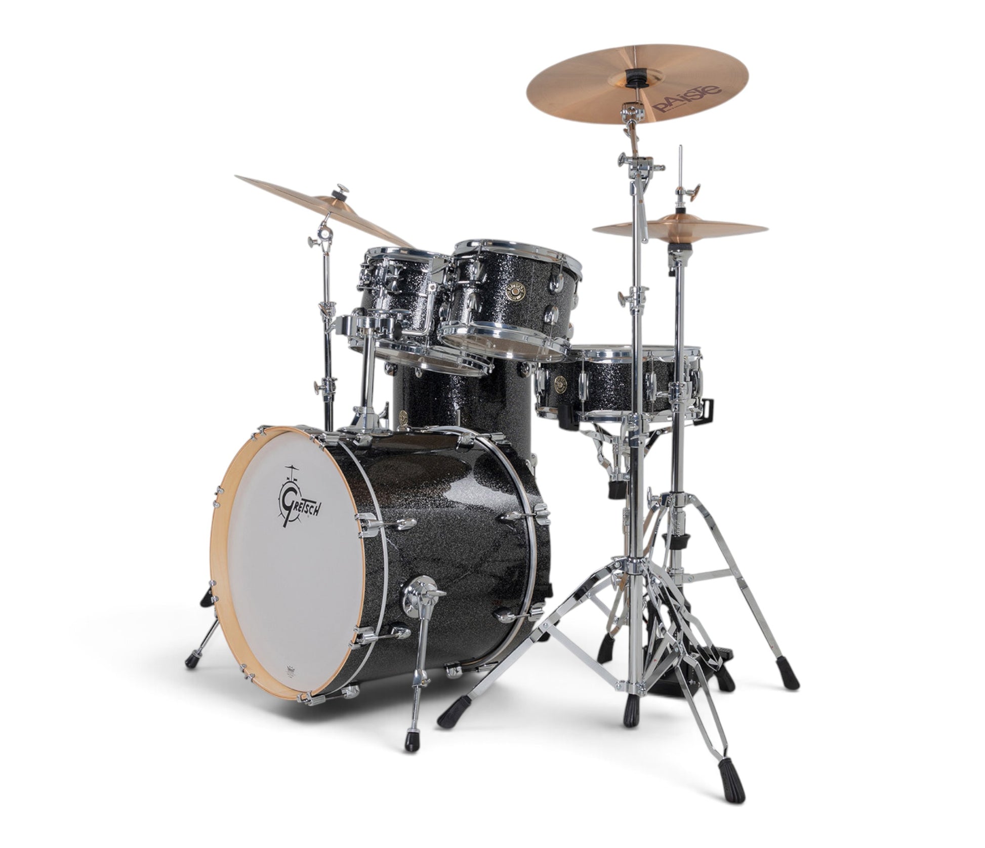 Gretsch Catalina Maple 20" 5-piece drum kit in Black Stardust – angled full kit view