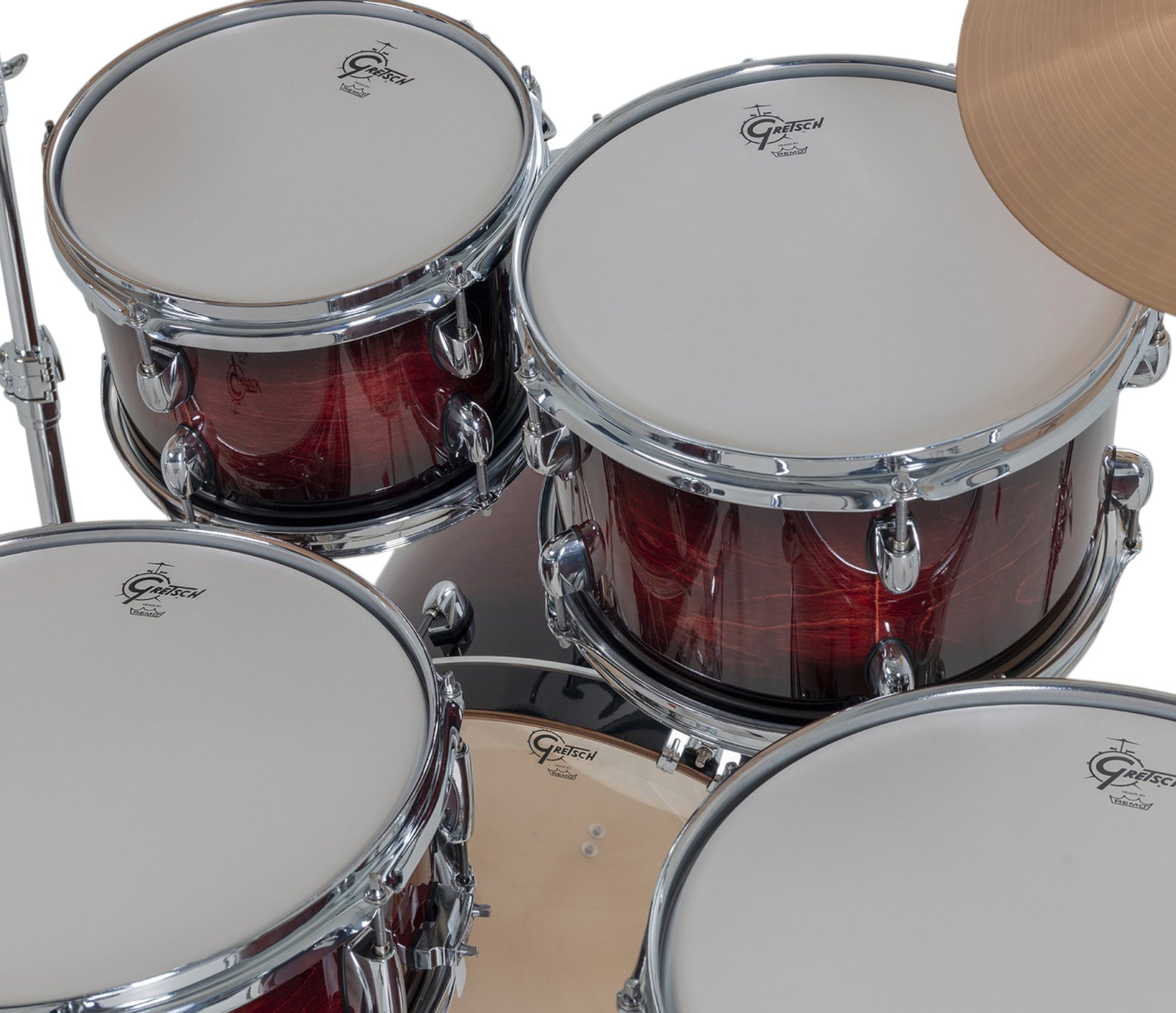 Gretsch Catalina Maple 20" 5-piece drum kit in Deep Cherry Burst – bass drum-mounted double tom holder