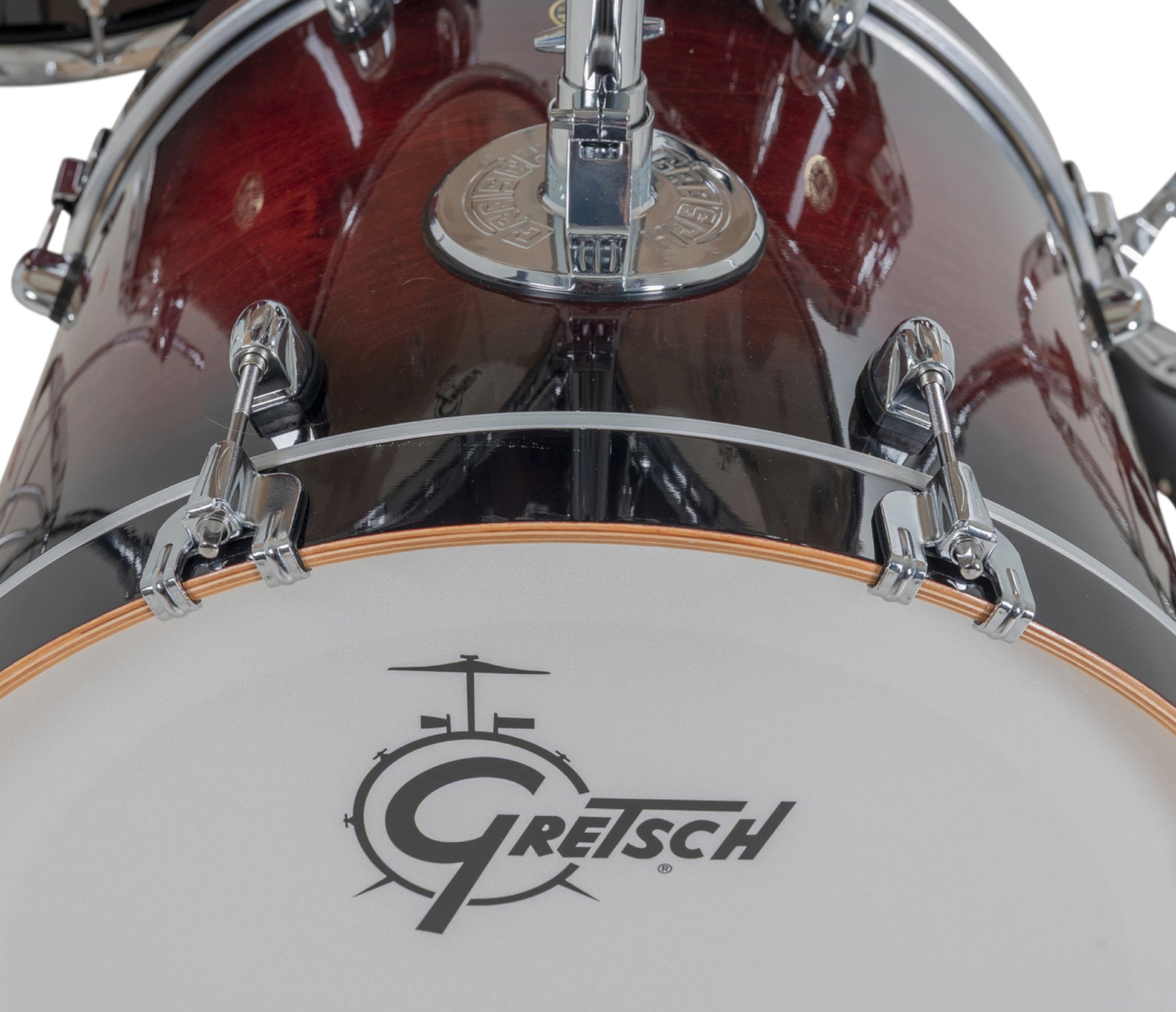 Gretsch Catalina Maple 20" 5-piece drum kit in Deep Cherry Burst – matching bass drum hoop and claw detail