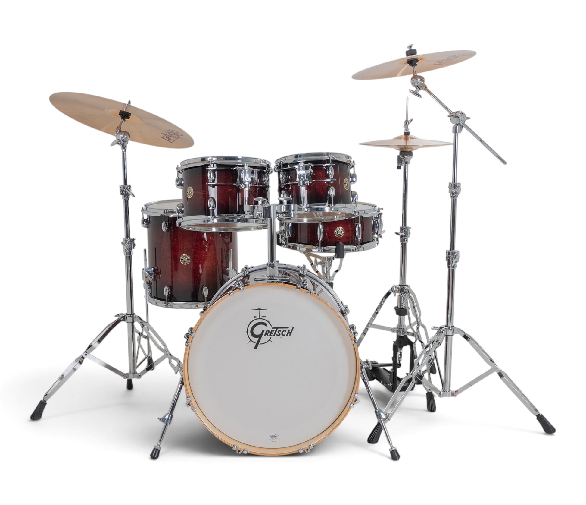 Gretsch Catalina Maple 20" 5-piece drum kit in Deep Cherry Burst – rack tom and snare drum close-up