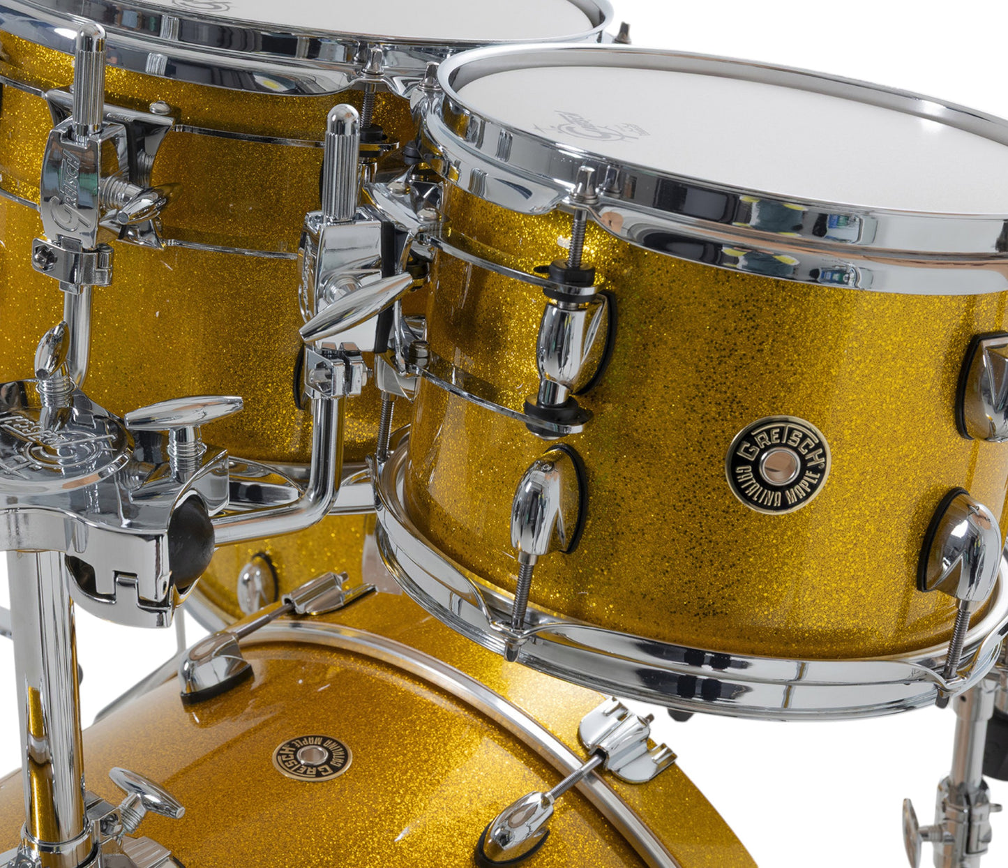 Gretsch Catalina Maple 20" 5-piece drum kit in Lemon Sparkle – GTS tom mounting system close-up