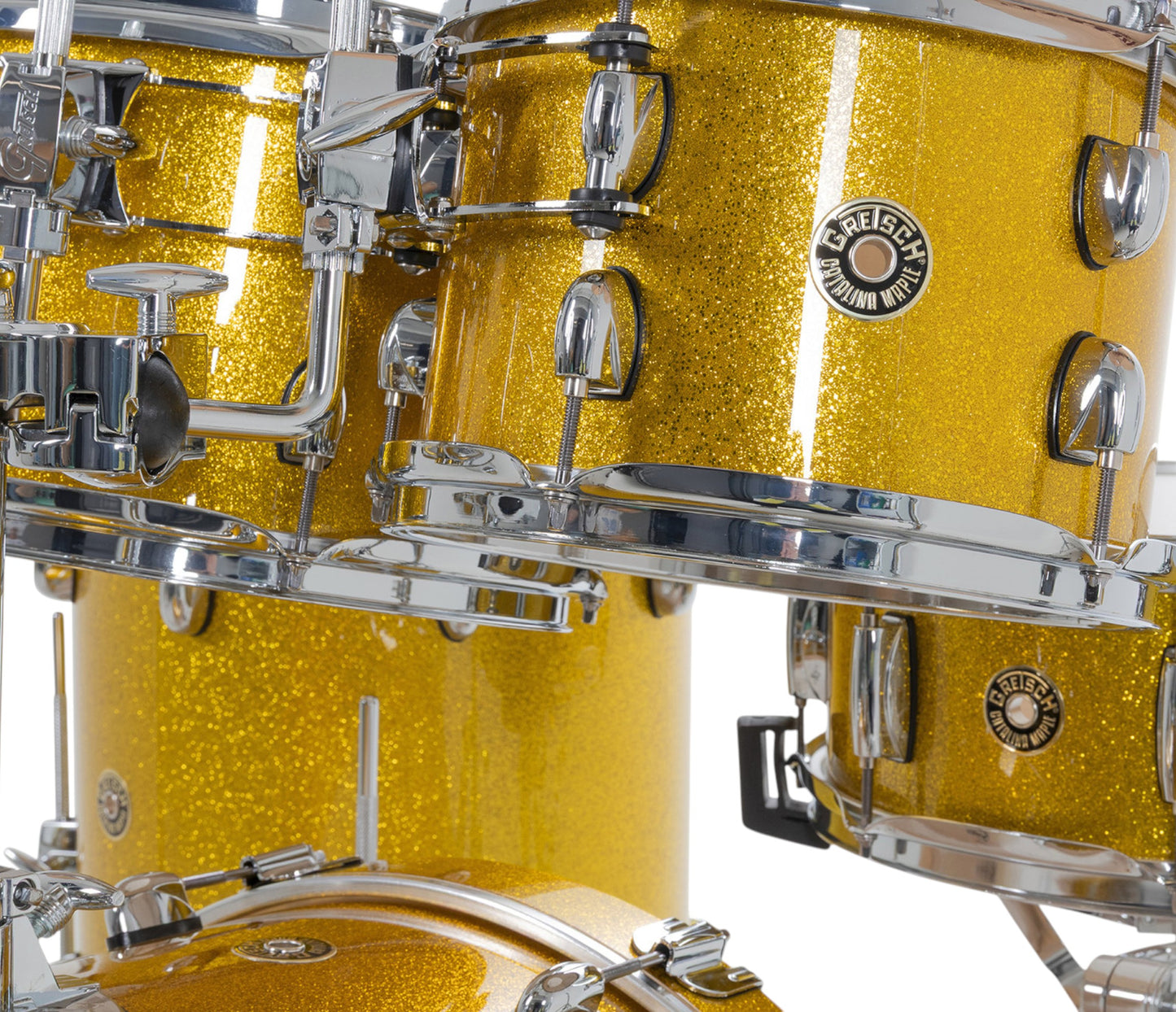 Gretsch Catalina Maple 20" 5-piece drum kit in Lemon Sparkle – overhead drumhead and shell detail