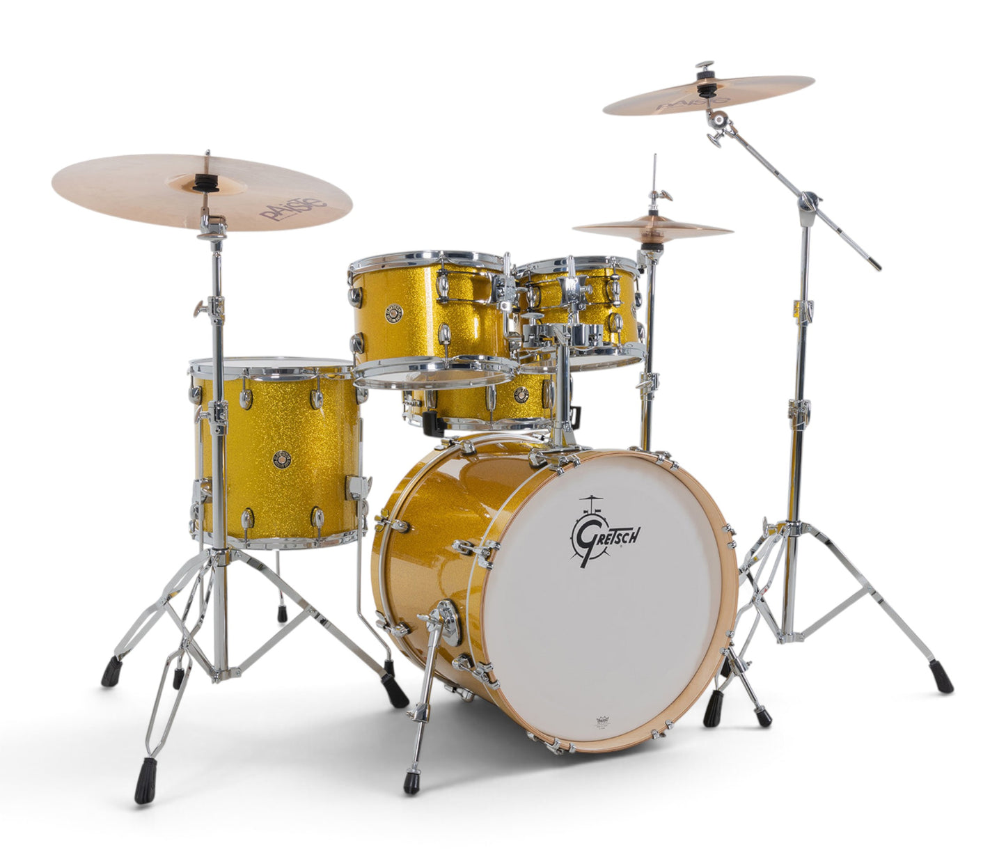 Gretsch Catalina Maple 20" 5-piece drum kit in Lemon Sparkle – matching bass drum hoop and claw detail
