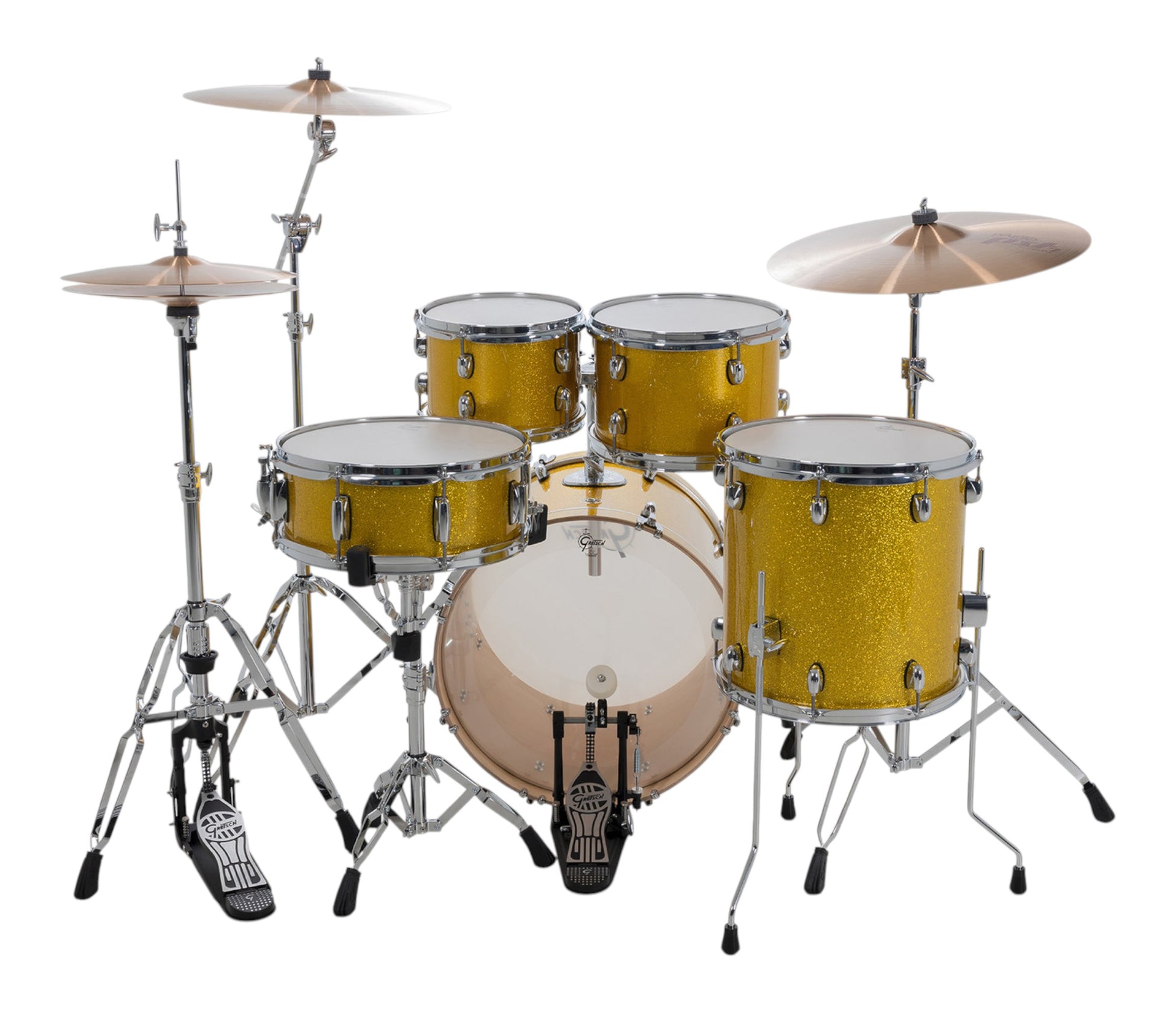 Gretsch Catalina Maple 20" 5-piece drum kit in Lemon Sparkle – angled full kit view