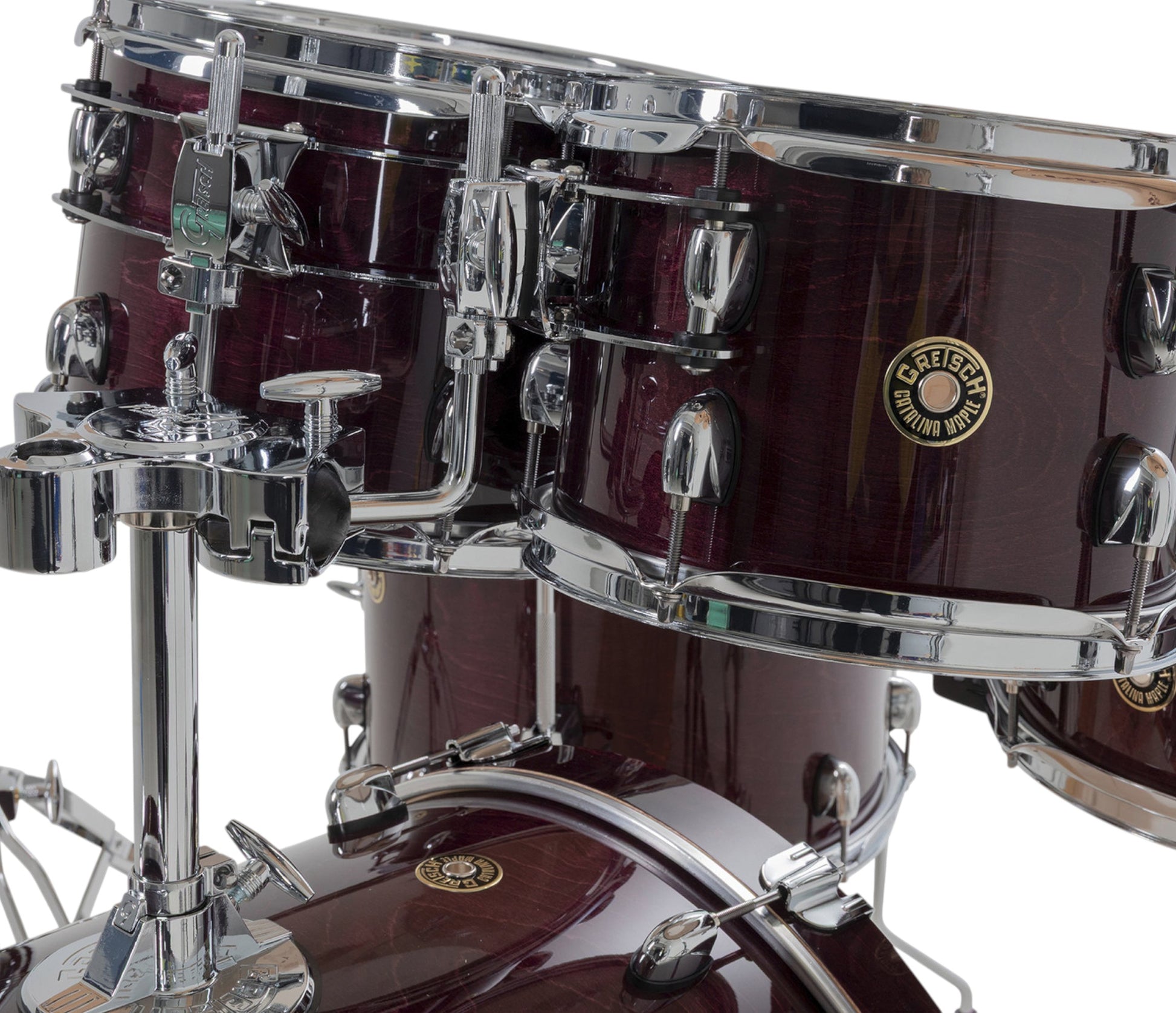 Gretsch Catalina Maple 20" 5-piece drum kit in Purple Gloss – GTS tom mounting system close-up