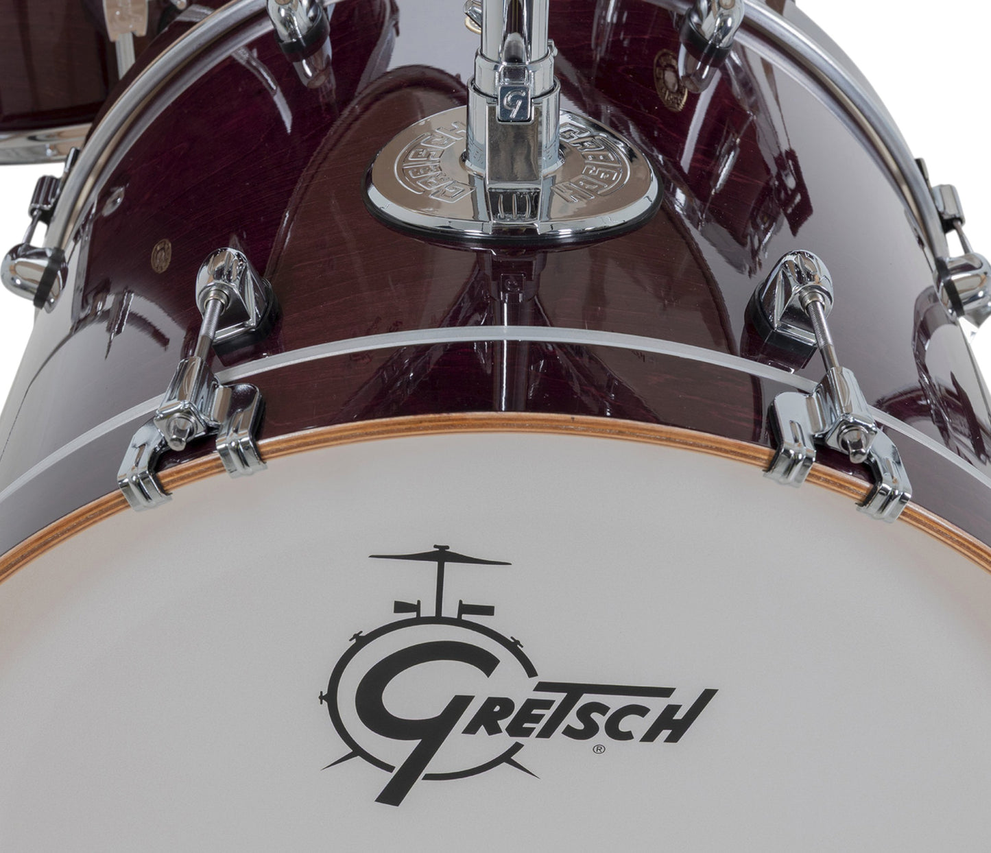 Gretsch Catalina Maple 20" 5-piece drum kit in Purple Gloss – overhead drumhead and shell detail