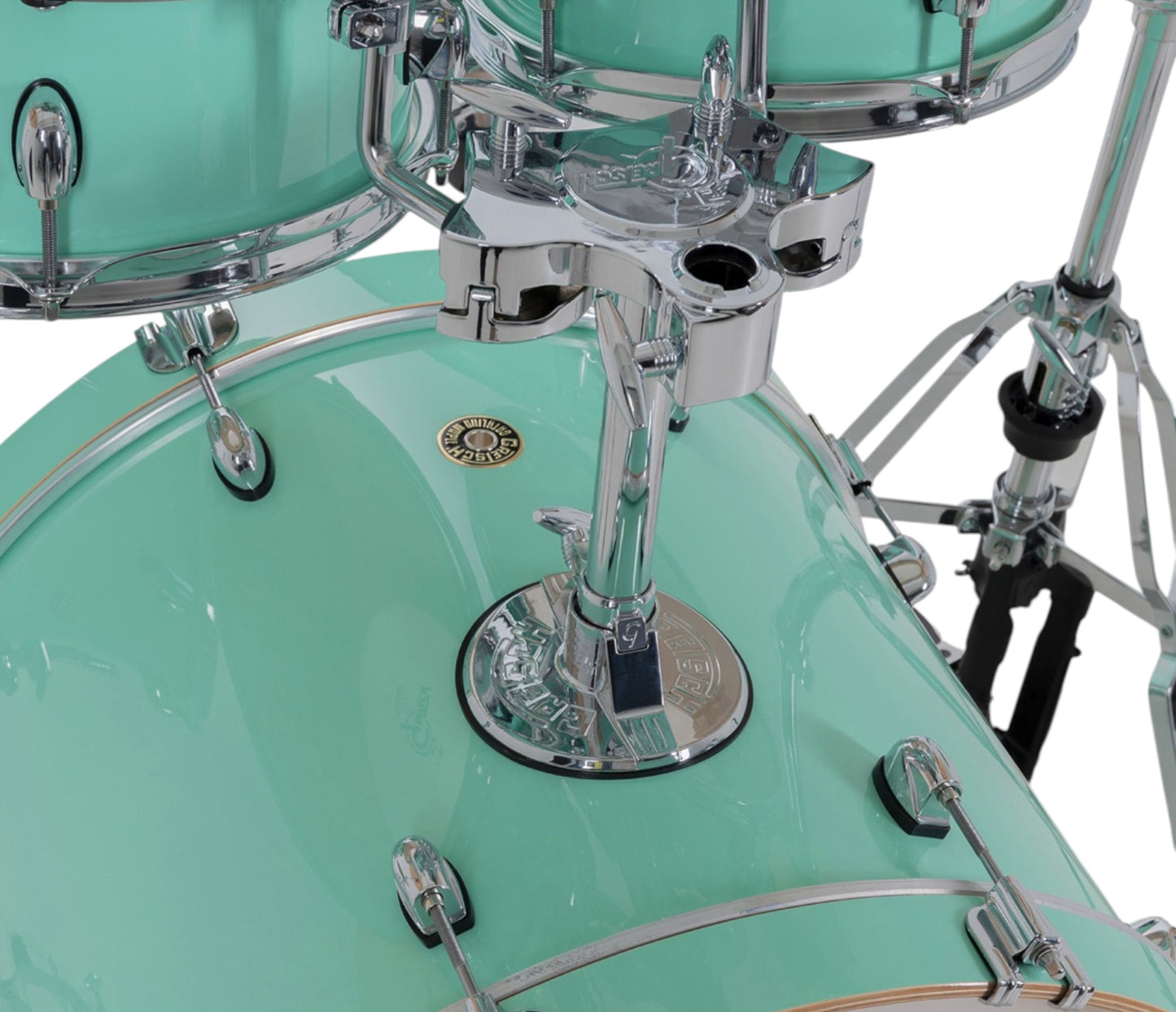 Gretsch Catalina Maple 20" 5-piece drum kit in Seafoam Green – GTS tom mounting system close-up