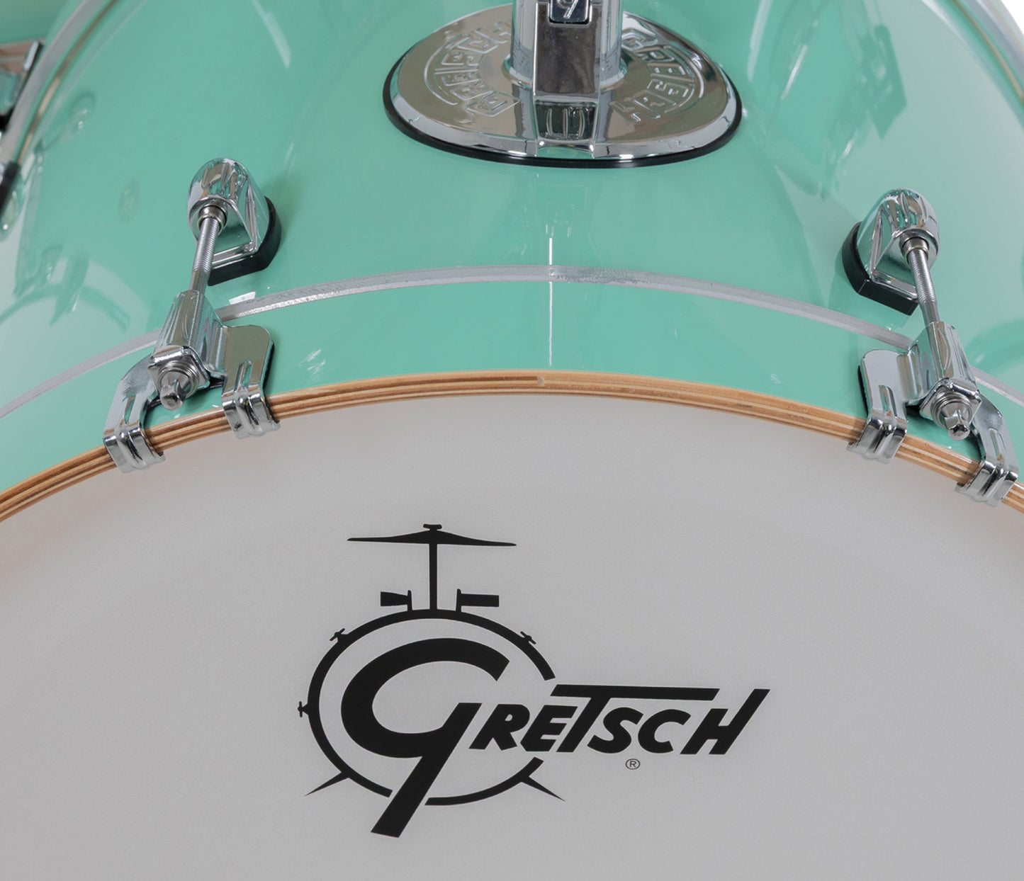 Gretsch Catalina Maple 20" 5-piece drum kit in Seafoam Green – matching bass drum hoop and claw detail