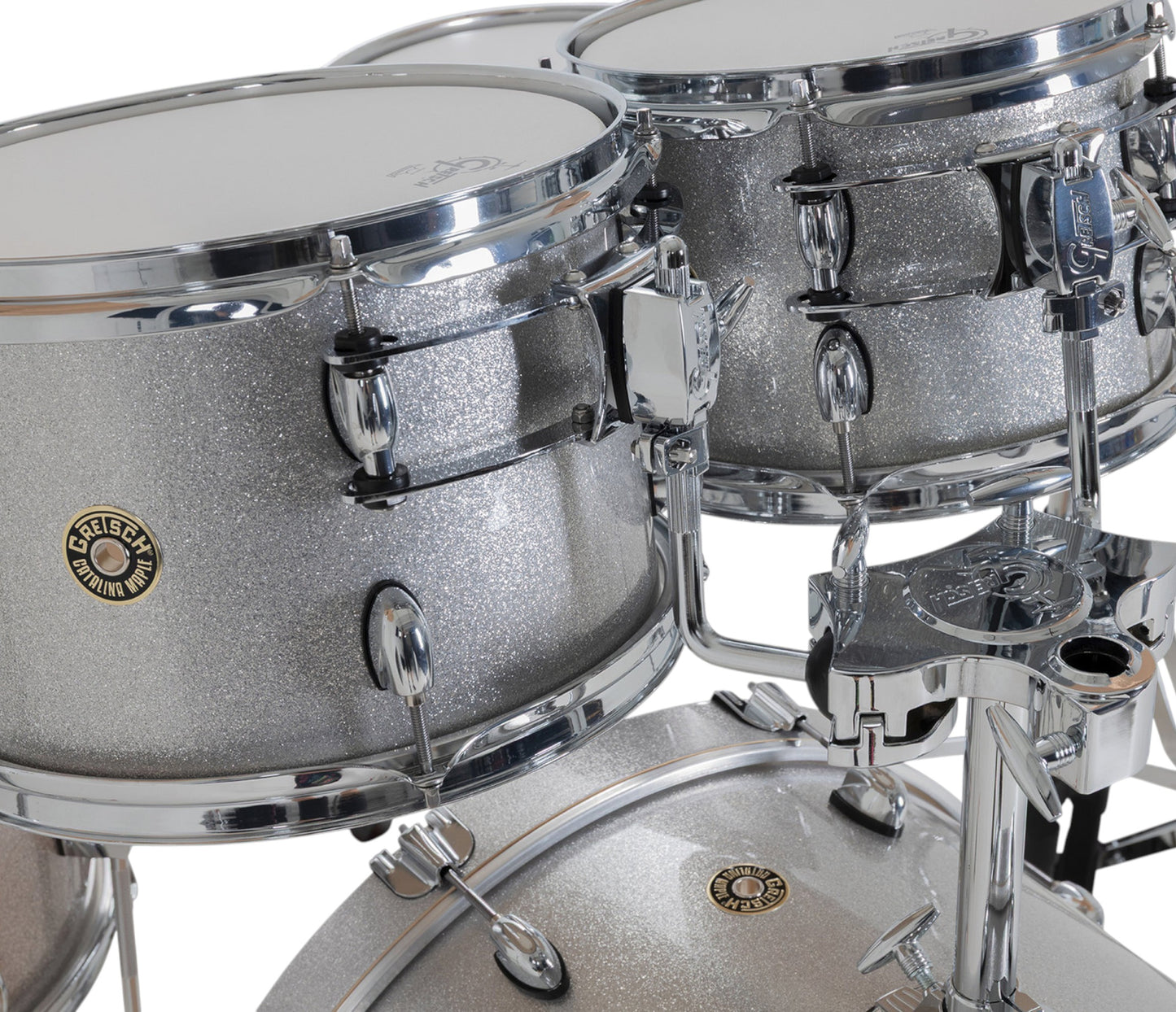Gretsch Catalina Maple 20" 5-piece drum kit in Silver Sparkle – tom shell close-up