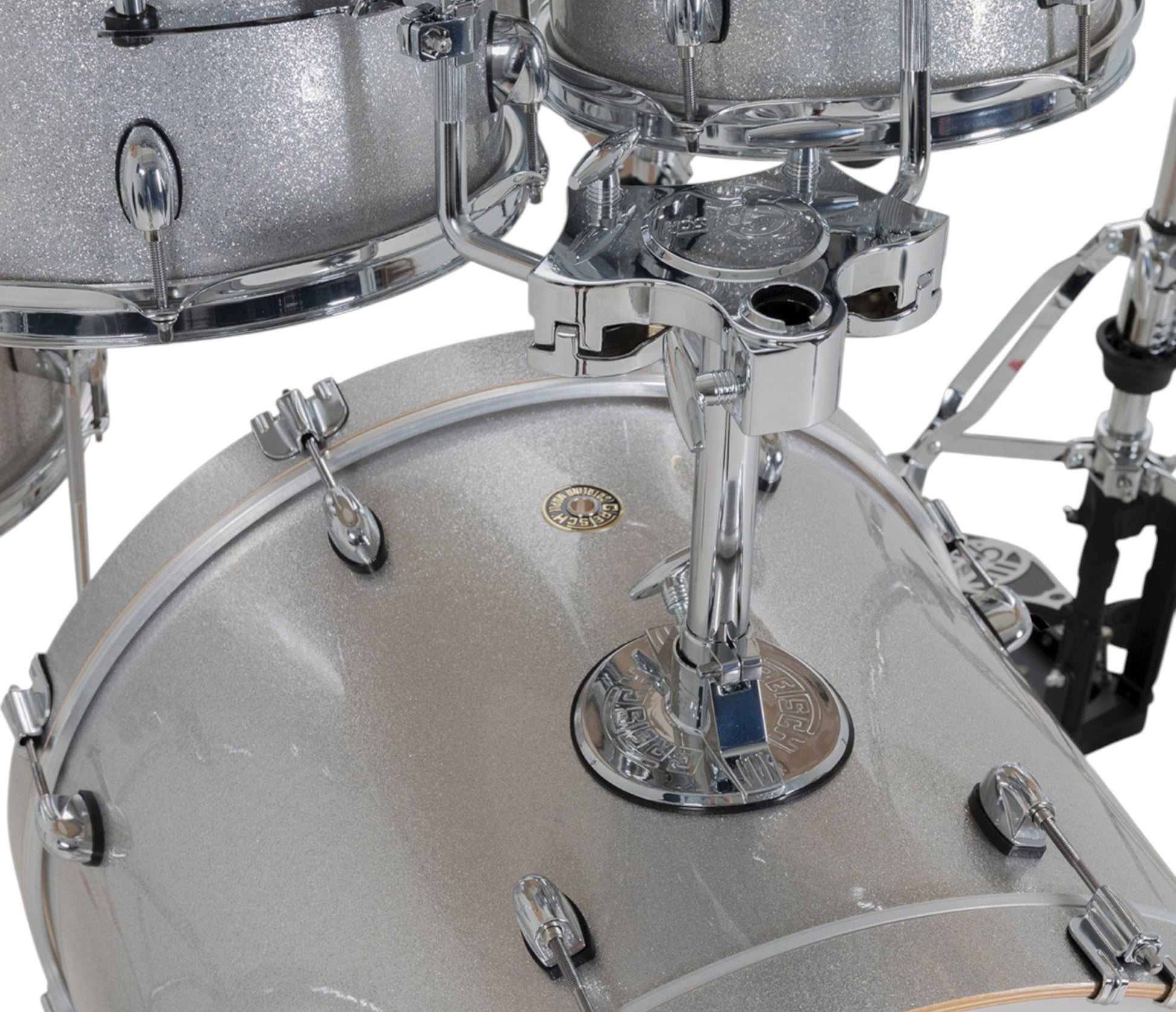 Gretsch Catalina Maple 20" 5-piece drum kit in Silver Sparkle – GTS tom mounting system close-up