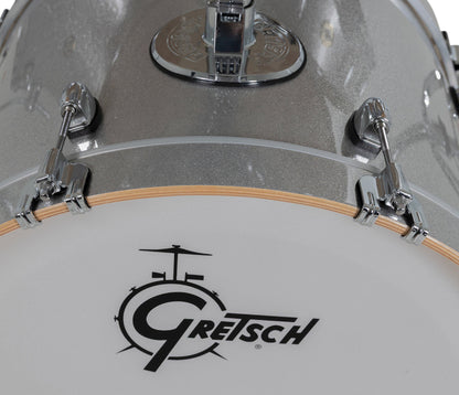Gretsch Catalina Maple 20" 5-piece drum kit in Silver Sparkle – overhead drumhead and shell detail