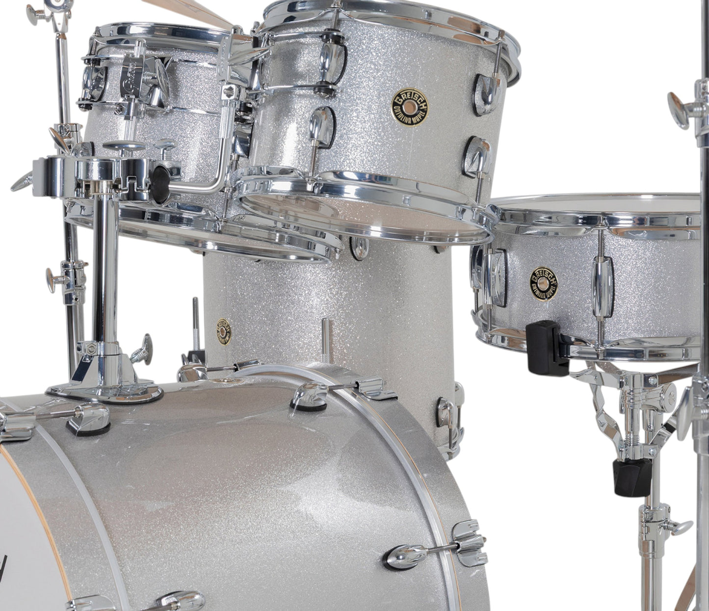 Gretsch Catalina Maple 20" 5-piece drum kit in Silver Sparkle – matching bass drum hoop and claw detail