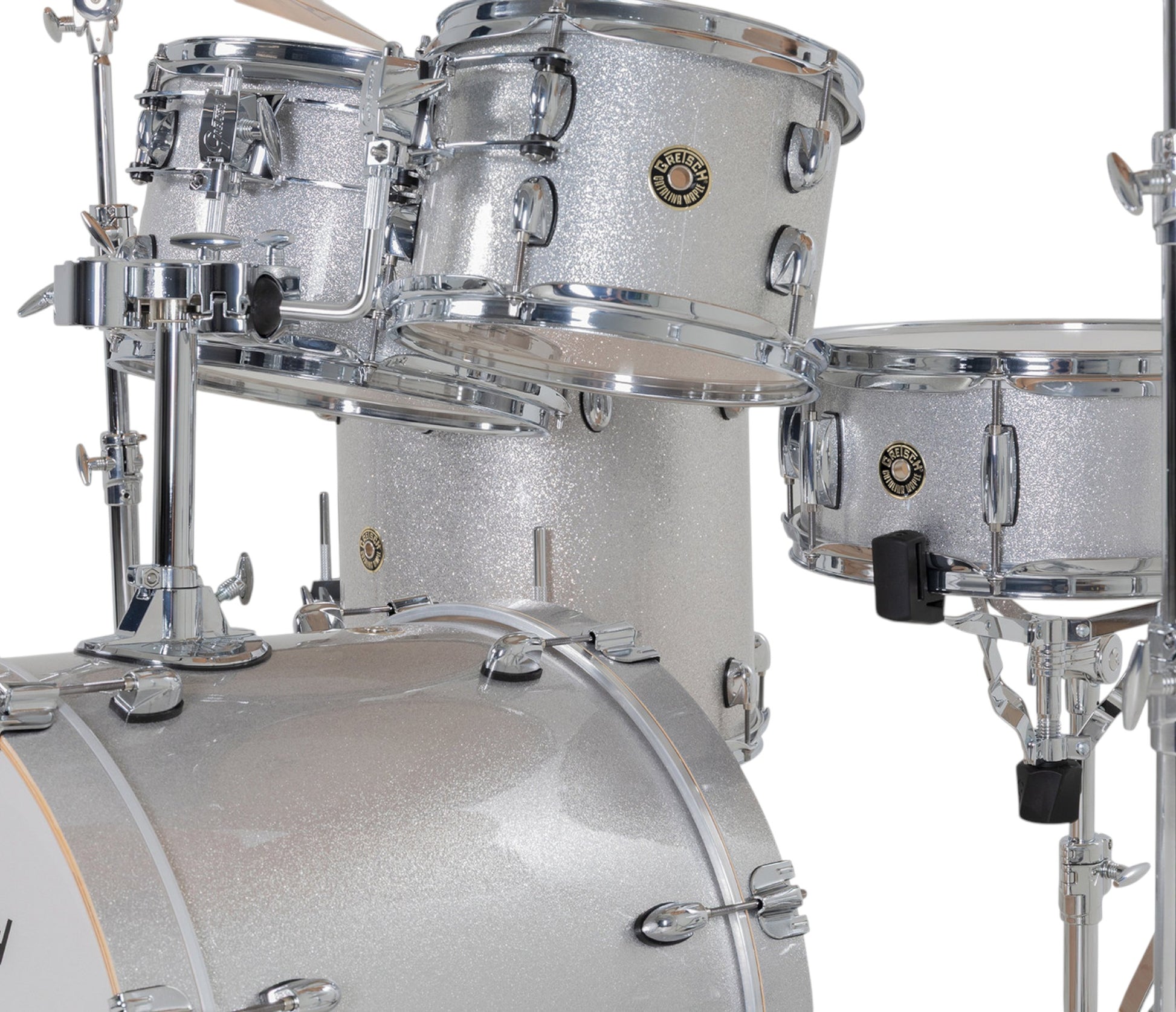 Gretsch Catalina Maple 20" 5-piece drum kit in Silver Sparkle – matching bass drum hoop and claw detail