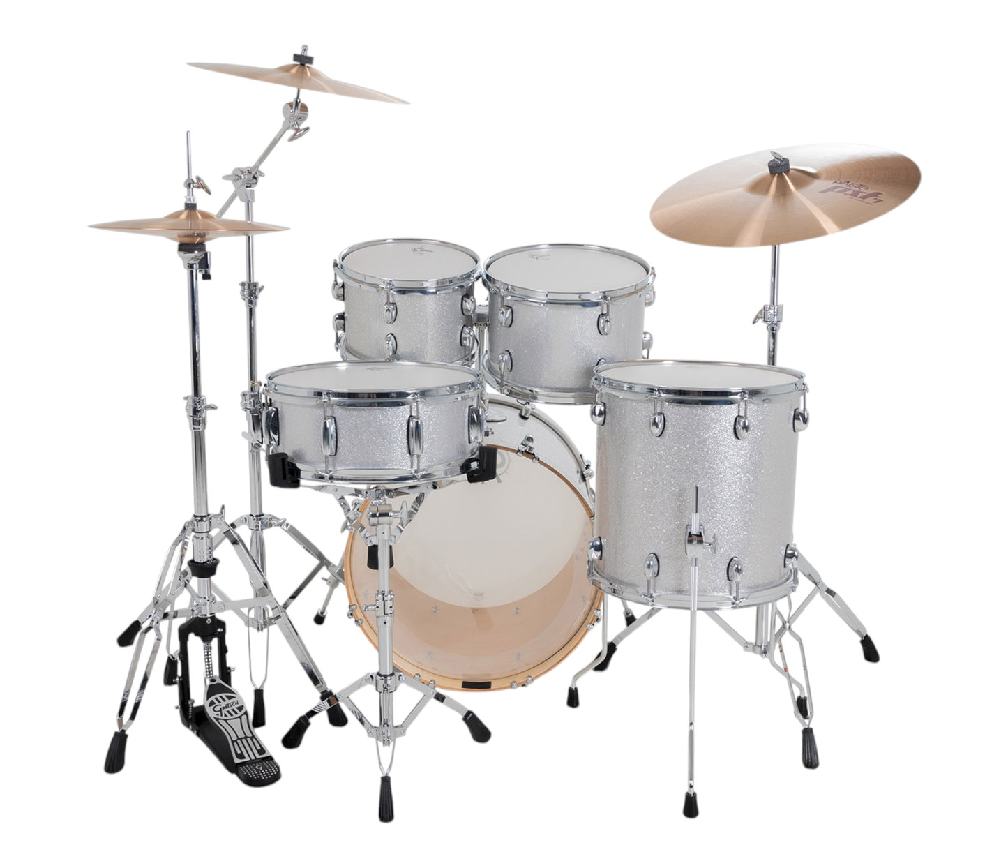 Gretsch Catalina Maple 20" 5-piece drum kit in Silver Sparkle – angled full kit view