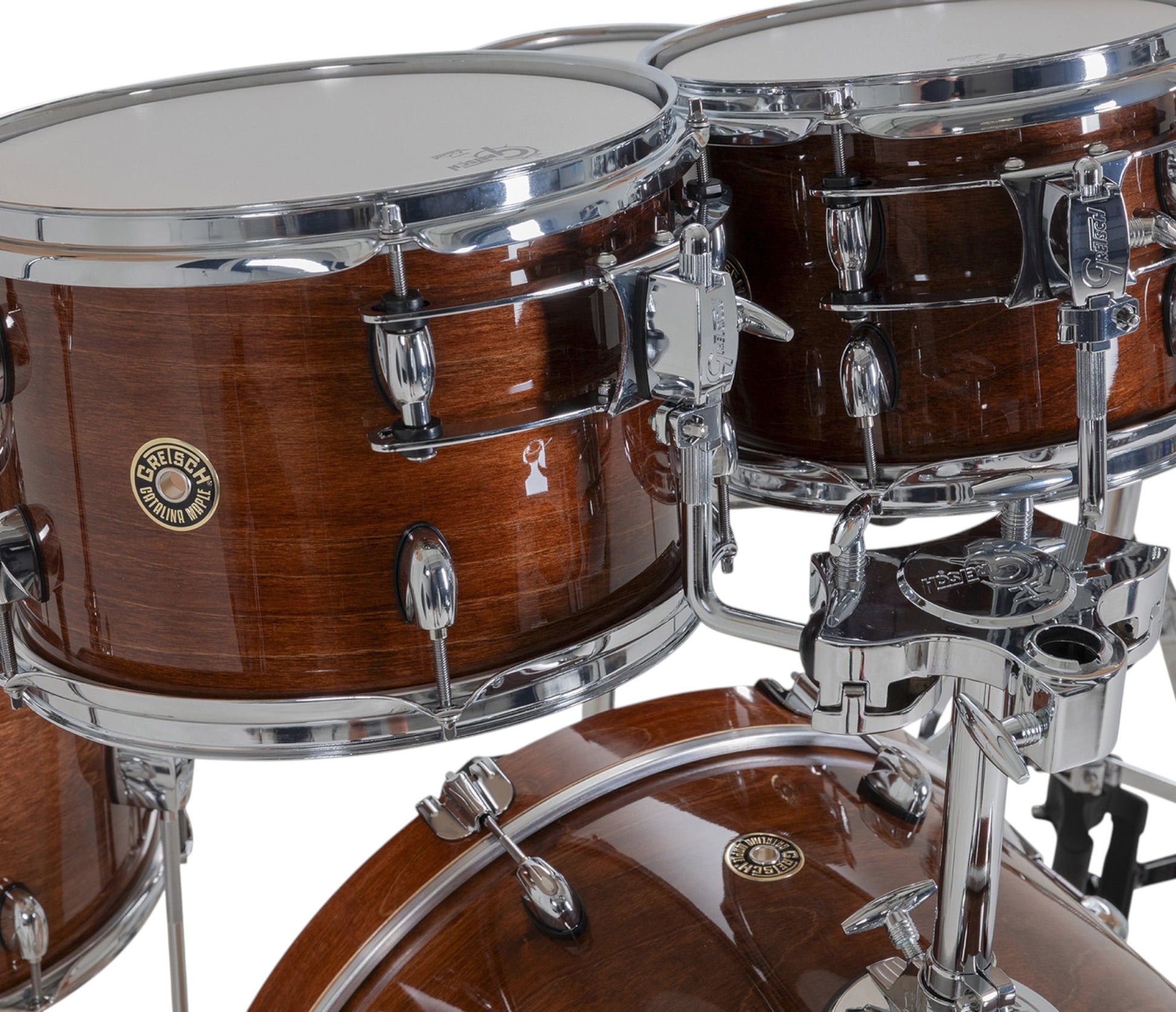 Gretsch Catalina Maple 20" 5-piece drum kit in Walnut Glaze – tom shell close-up