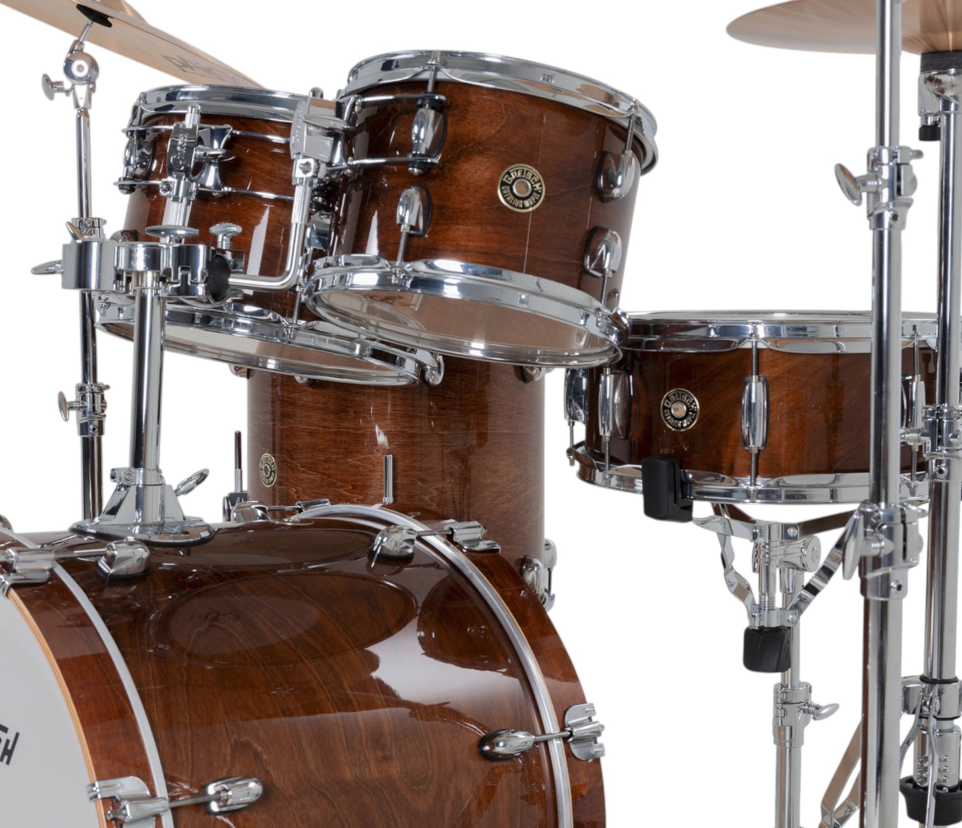 Gretsch Catalina Maple 20" 5-piece drum kit in Walnut Glaze – GTS tom mounting system close-up
