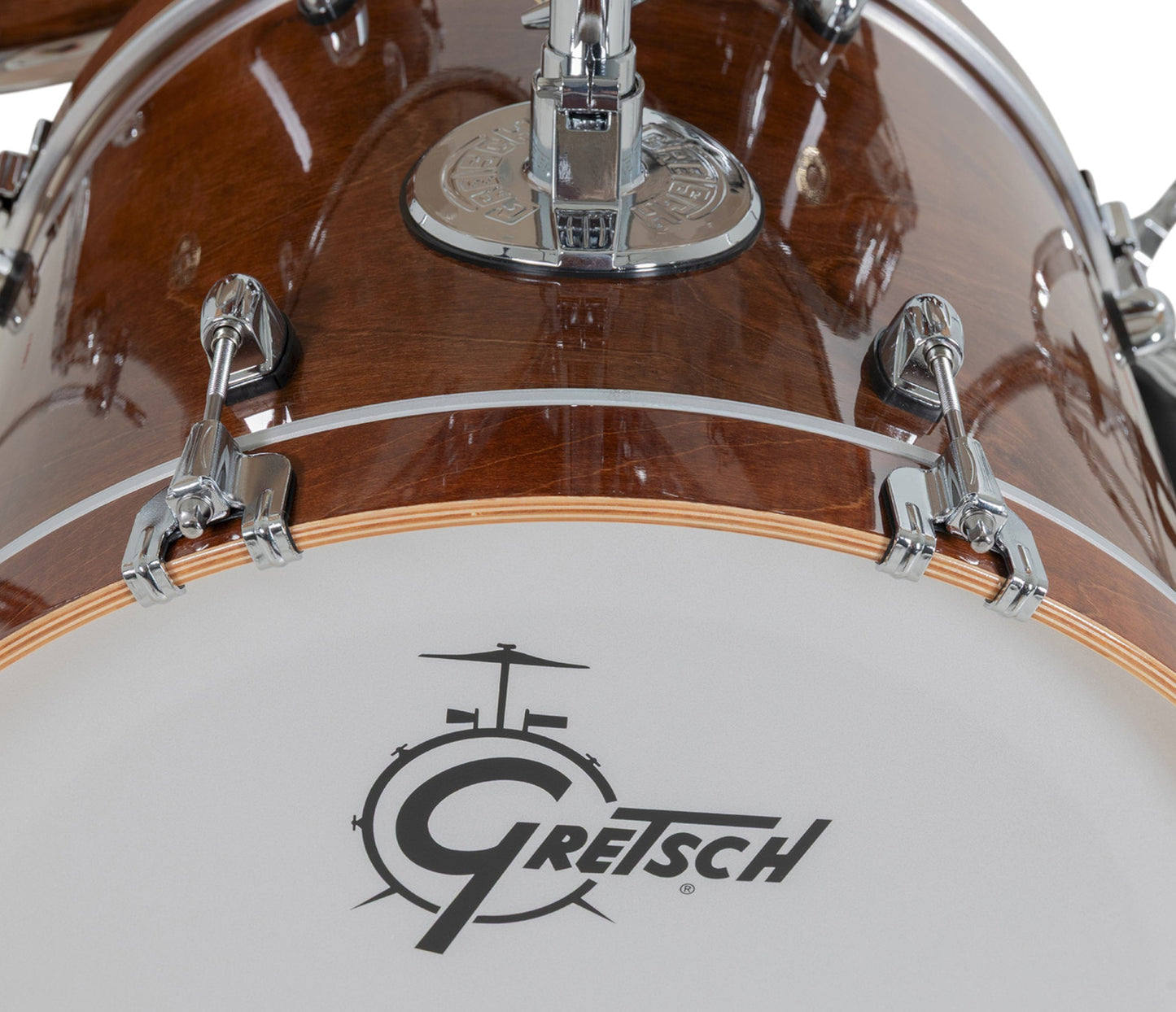 Gretsch Catalina Maple 20" 5-piece drum kit in Walnut Glaze – overhead drumhead and shell detail