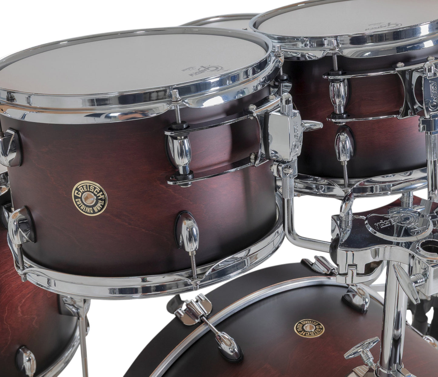 Gretsch Catalina Maple 20" 5-piece drum kit in Satin Deep Cherry Burst – tom shell close-up