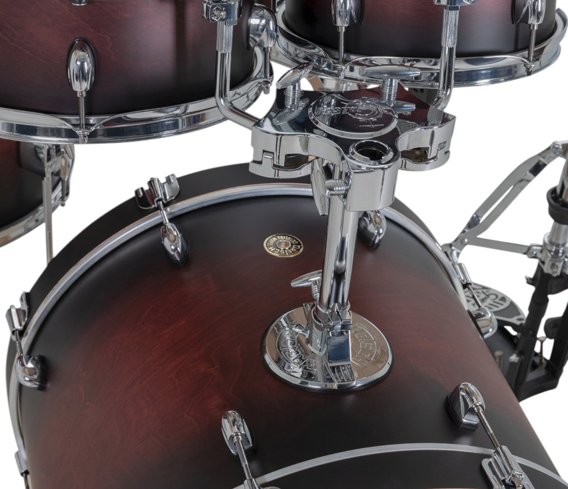 Gretsch Catalina Maple 20" 5-piece drum kit in Satin Deep Cherry Burst – GTS tom mounting system close-up